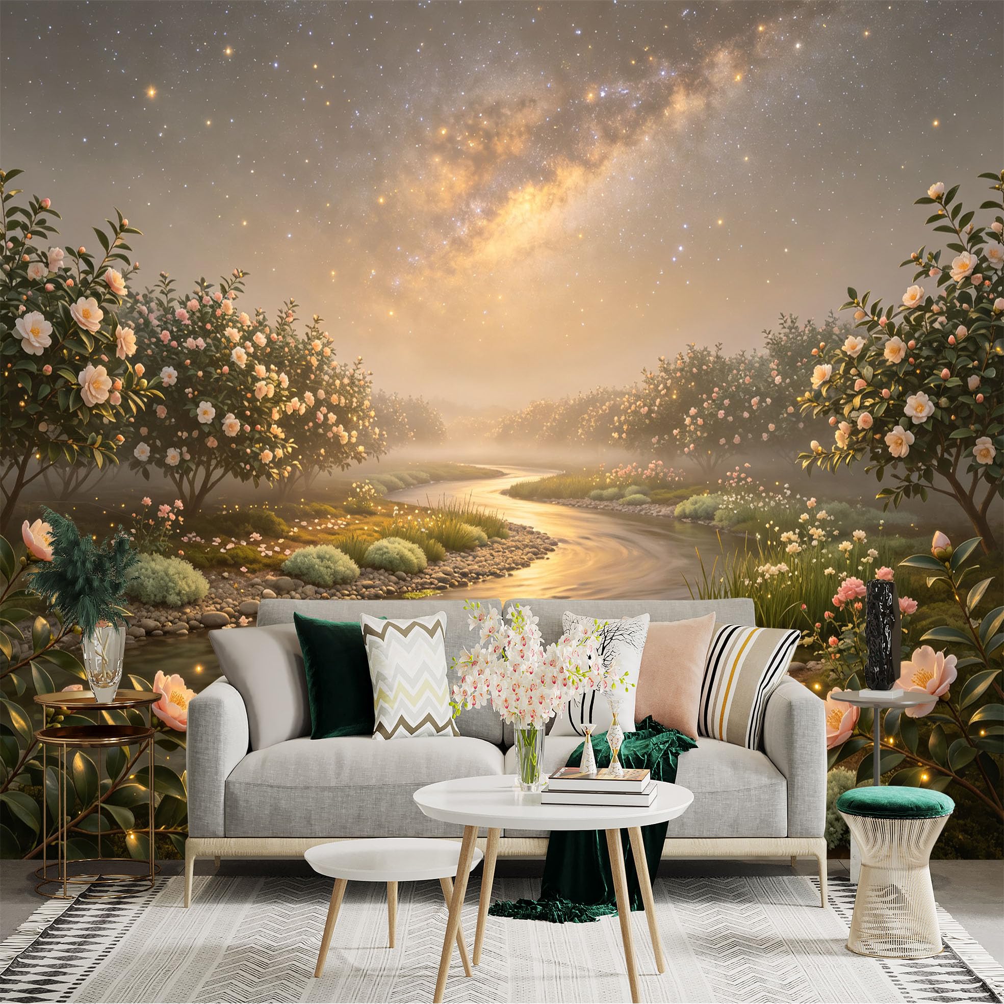 Lnzczhyre Bh260719574 Custom Size Wall Sticker Mural， Dreamy Riverbank With Blooming Camellias， Misty Landscape Under Starry Night Sky， For Wall Decoration， Peelandstick Wall Decals.