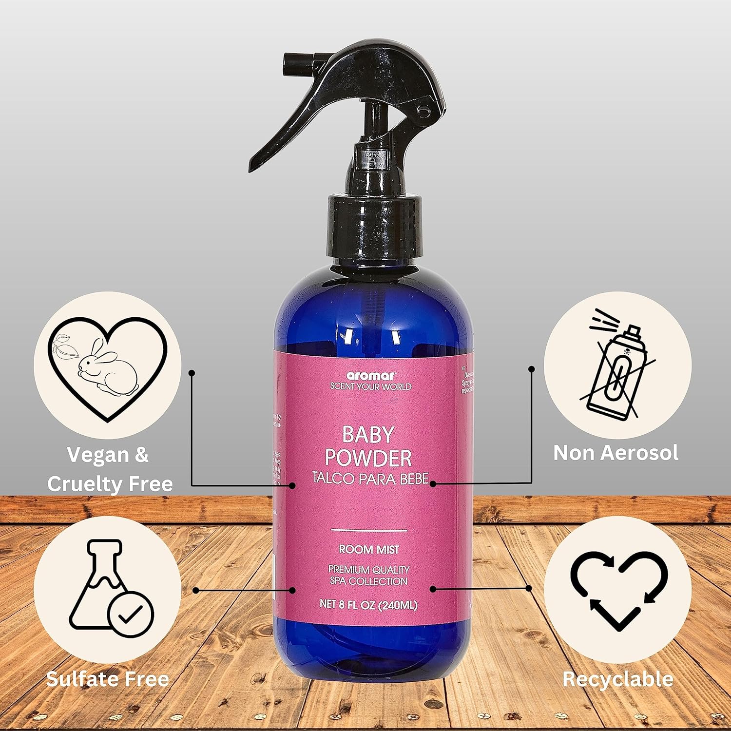 Aromar Essential Room Mist and Fabric Spray with Natural Freshener Aromatherapy for a Fresh and Rejuvenated Home 8 oz (Baby Powder+Channel#5+Honey Rose)