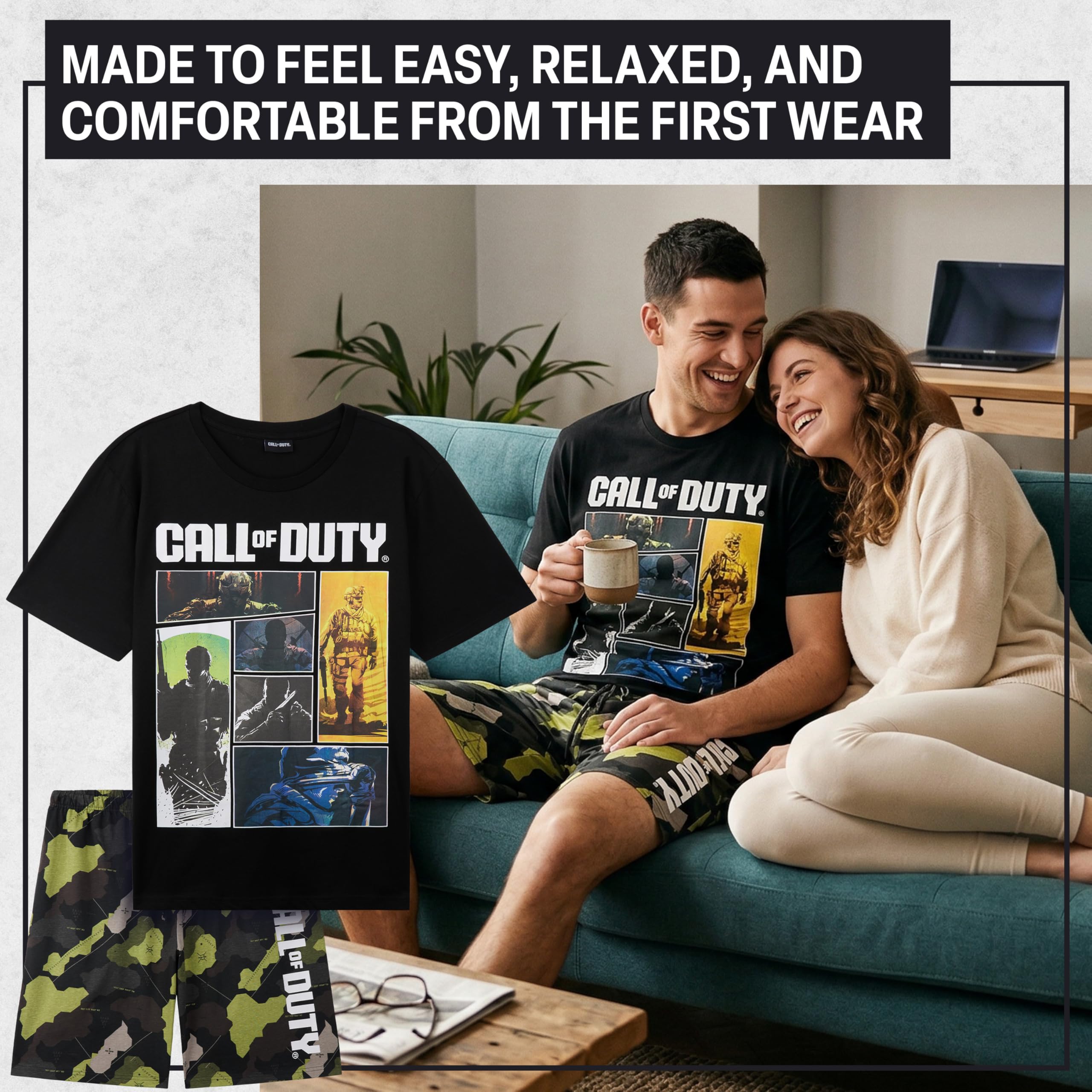 Get Trend Call of Duty Pijama Hombre S-3XL, Conjunto Verano Hombre 2 Piezas, Camiseta Manga Corta y Pantalón Corto Algodón, Ropa de Dormir, Regalo Gamer