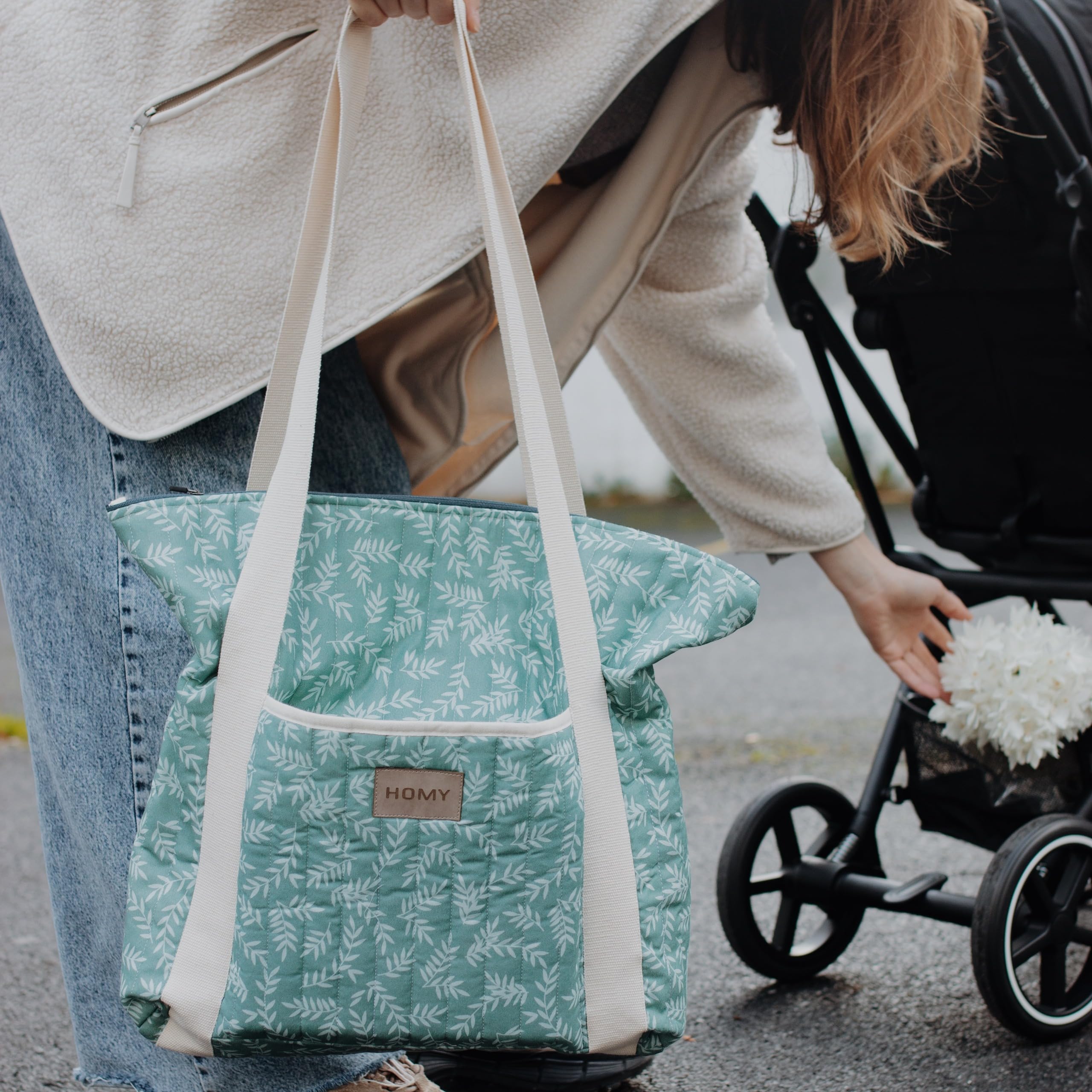 Sac à langer en coton matelassé grande capacité avec 3 poches, poignées en toile