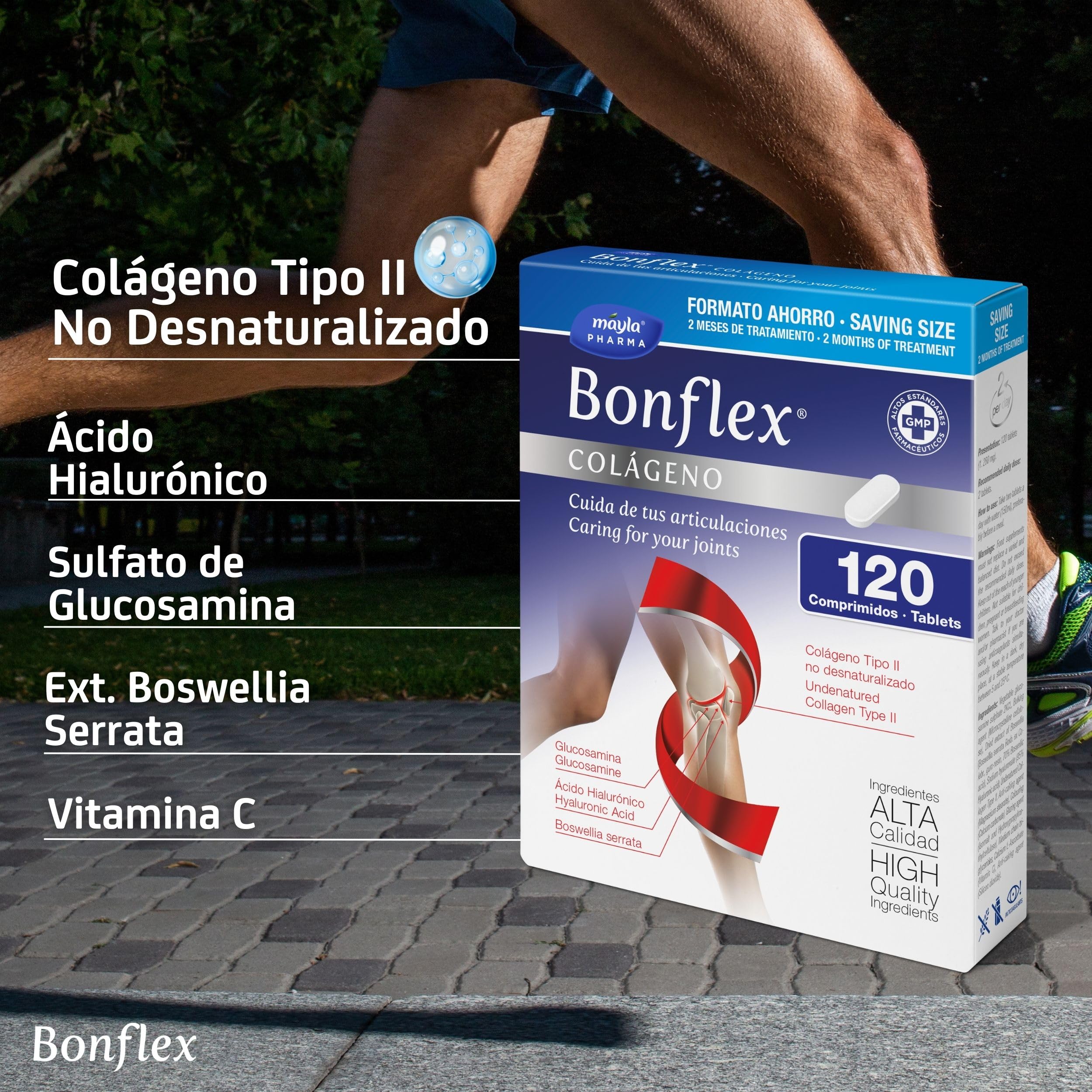 Bonflex Collagène 120 Comp Collagène non dénaturé Type II, aide à maintenir en forme les articulations face à l'usure et aux impacts 1500 mg Glucosamine prend soin de vos articulations 2 prises par