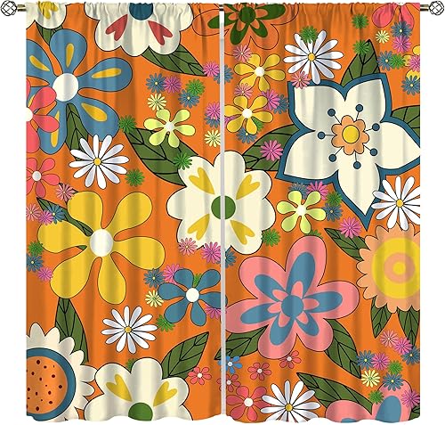 Cortinas florales retro de los años 70, tratamiento de ventana con patrón de flores hippie naranja para el hogar, dormitorio, sala de estar,
