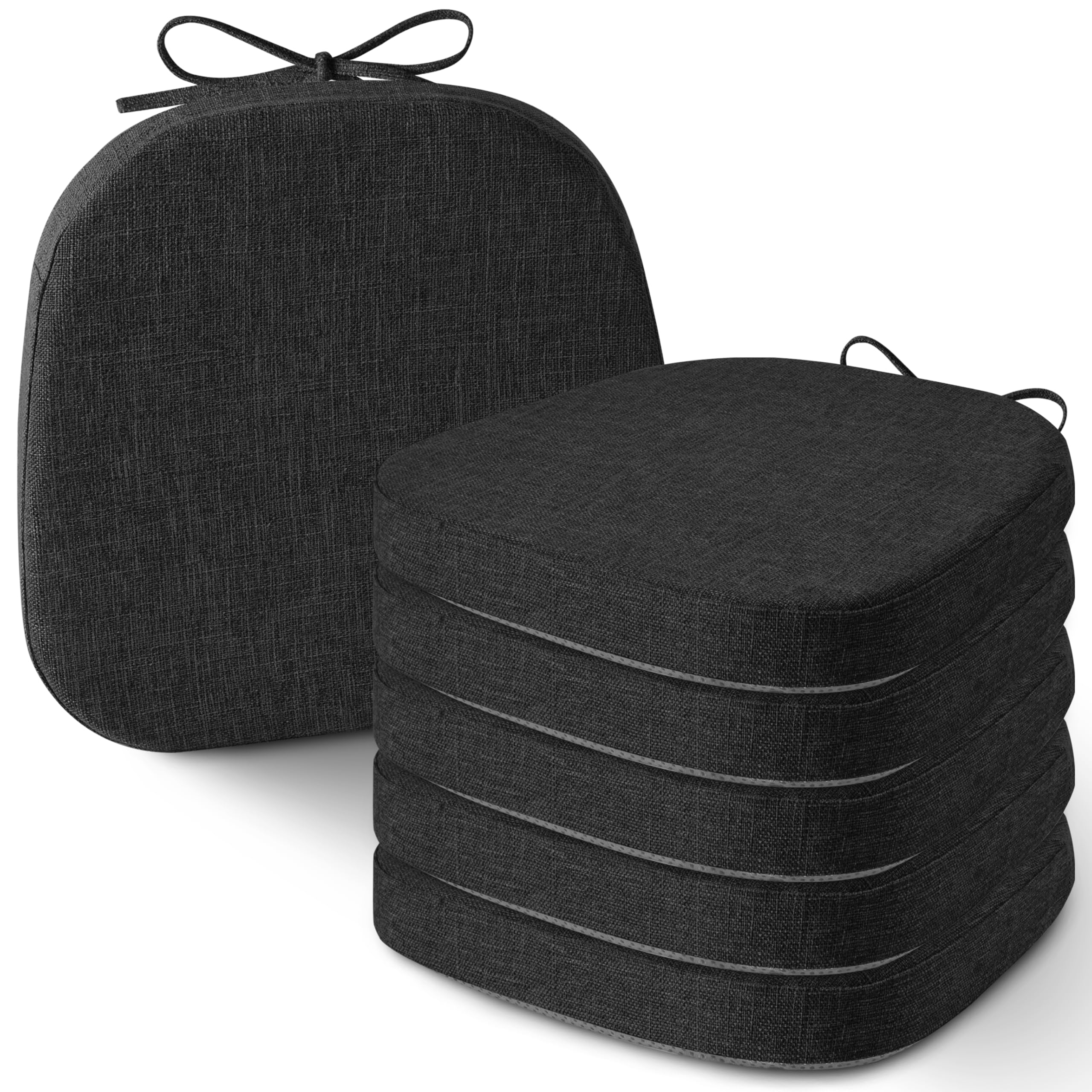 AddGrace Set di 6 cuscini per sedie da sala da pranzo in metallo 14x14 (35,6 x 35,6 cm) cuscini per sedie con lacci antiscivolo spessi con fodera testurizzata e sfoderabile nero