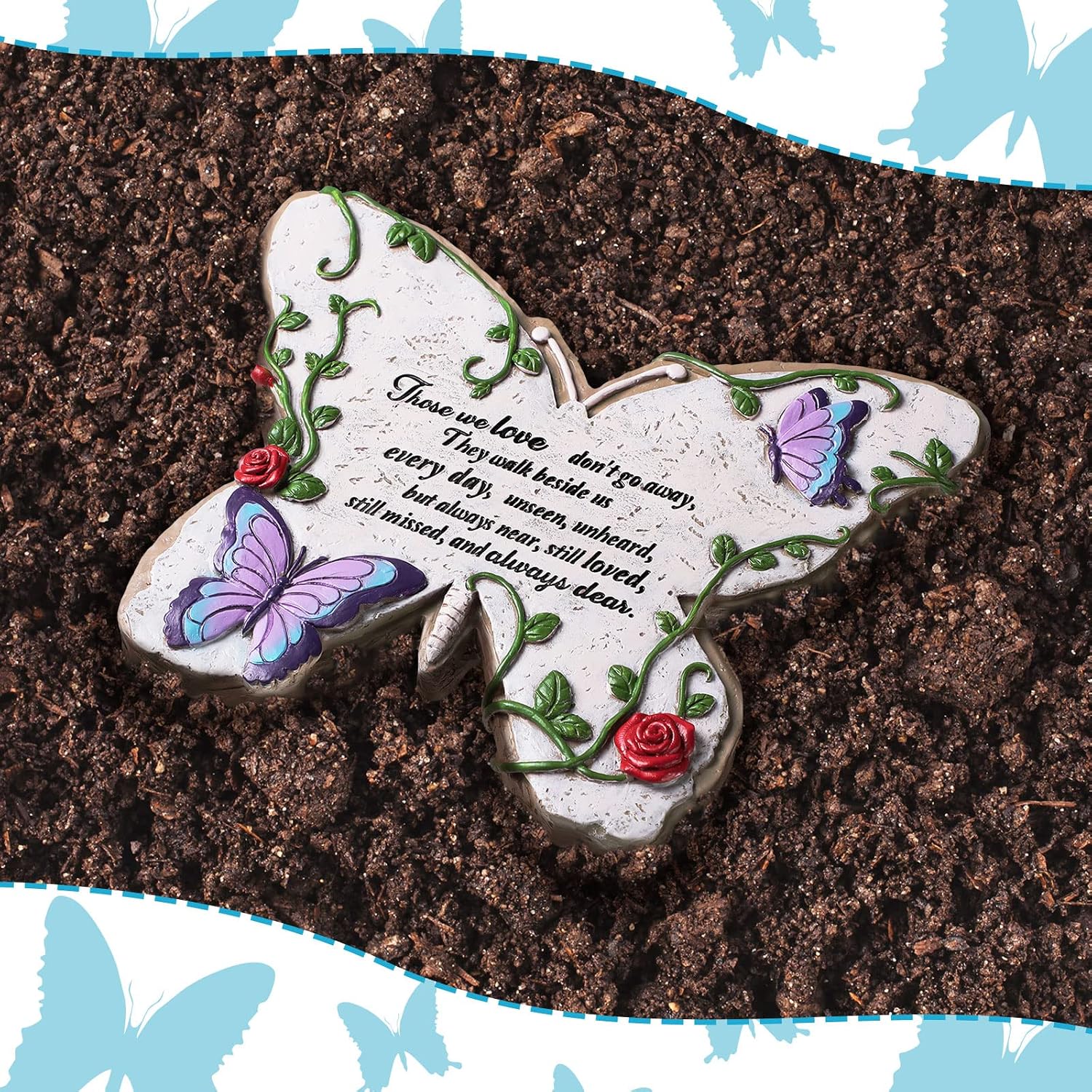 Yalikop Butterflies Memorial Stone Those We Love Don't Go Away Memorial Garden Decor Plaque for Loss of Loved One Flower Stone Decor for Outdoors, Homes, Lawn and Garden