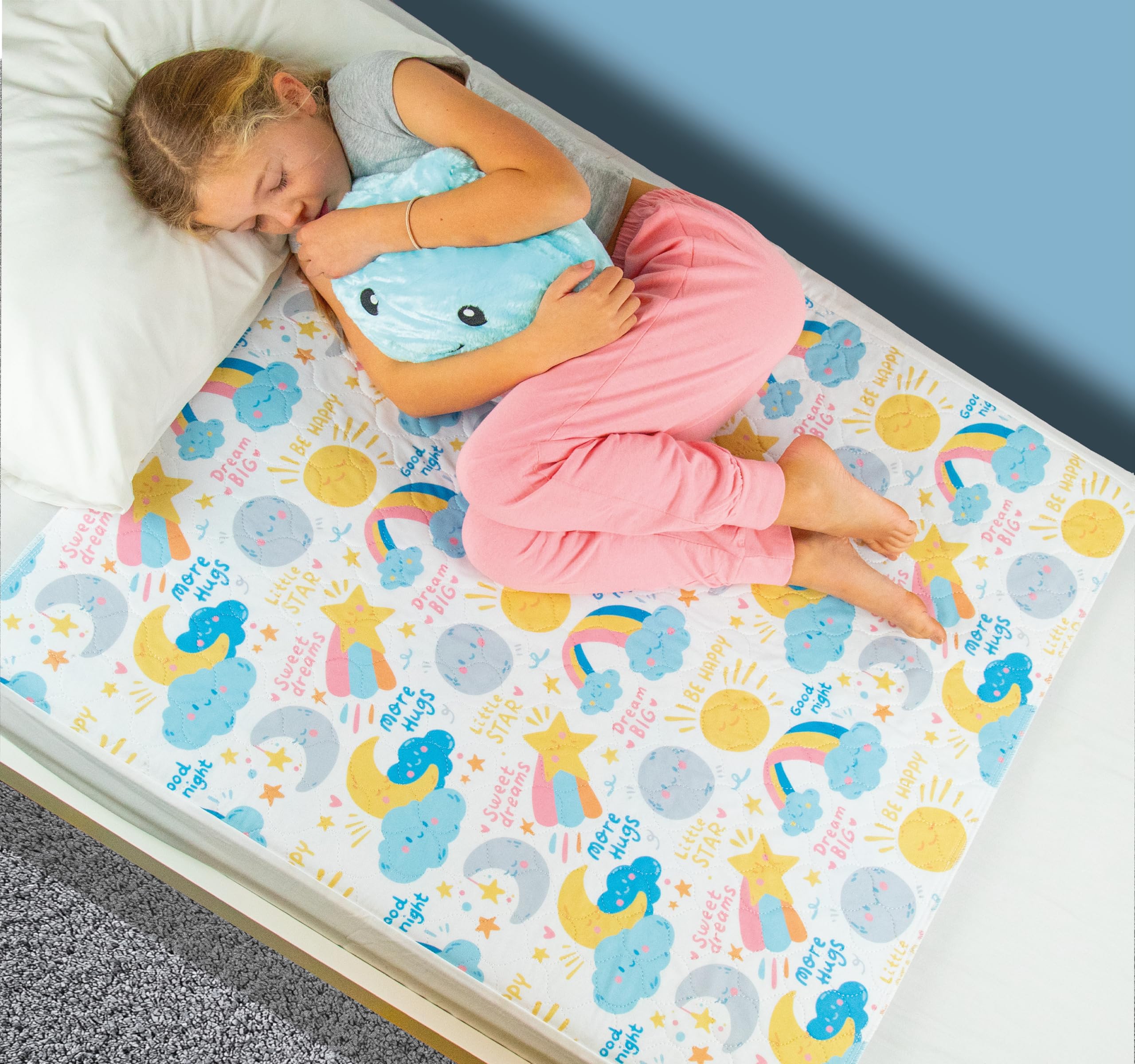 Bedwetz® Bettunterlagen für Töpfchentraining, 100% wasserdicht, Größe 86 x 91 cm (Plus Biesen) für Einzel- und Kleinkindbetten, rutschfeste Matte, britische Marke, Mond-Design, 2 Stück