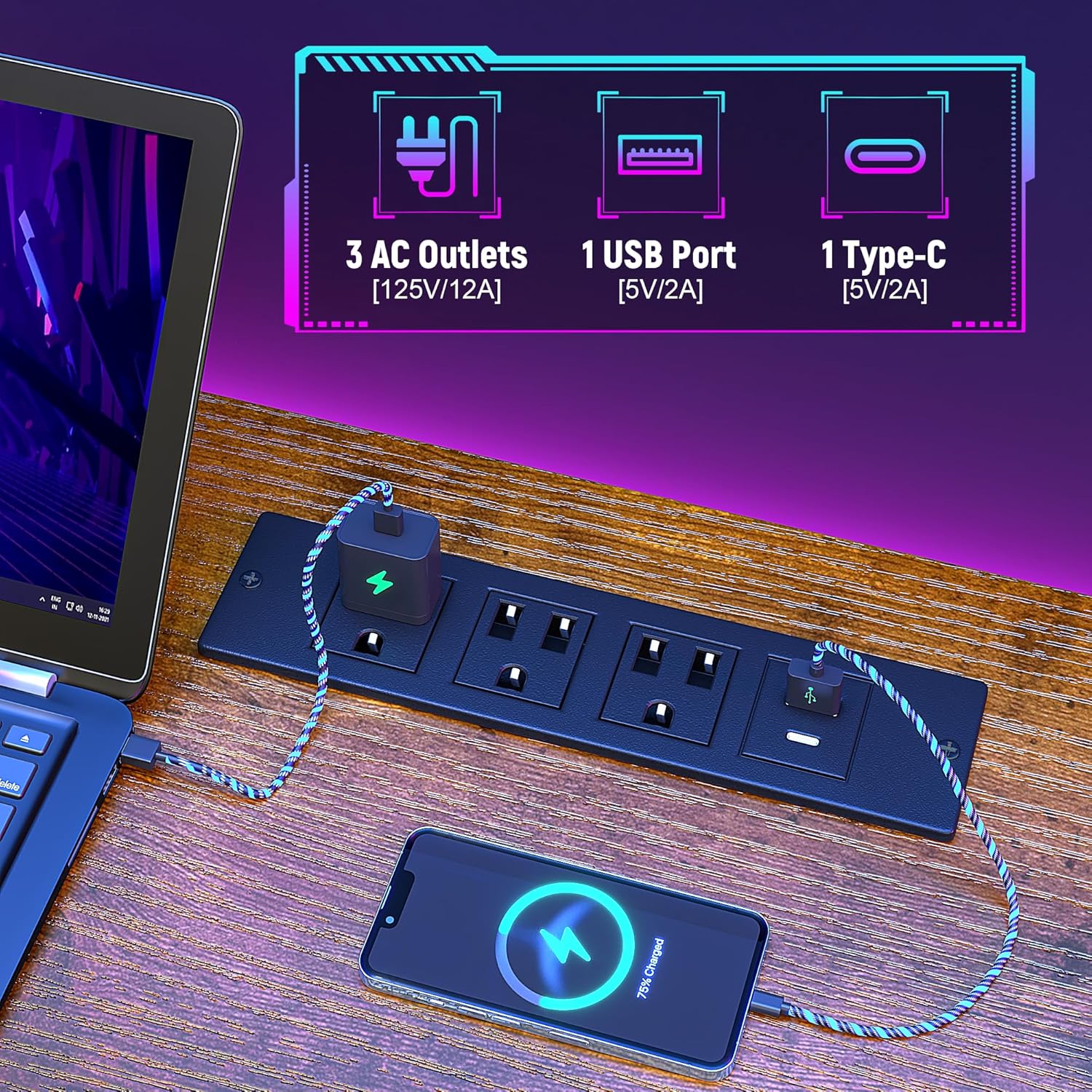 Close-up of the integrated power outlets and USB ports