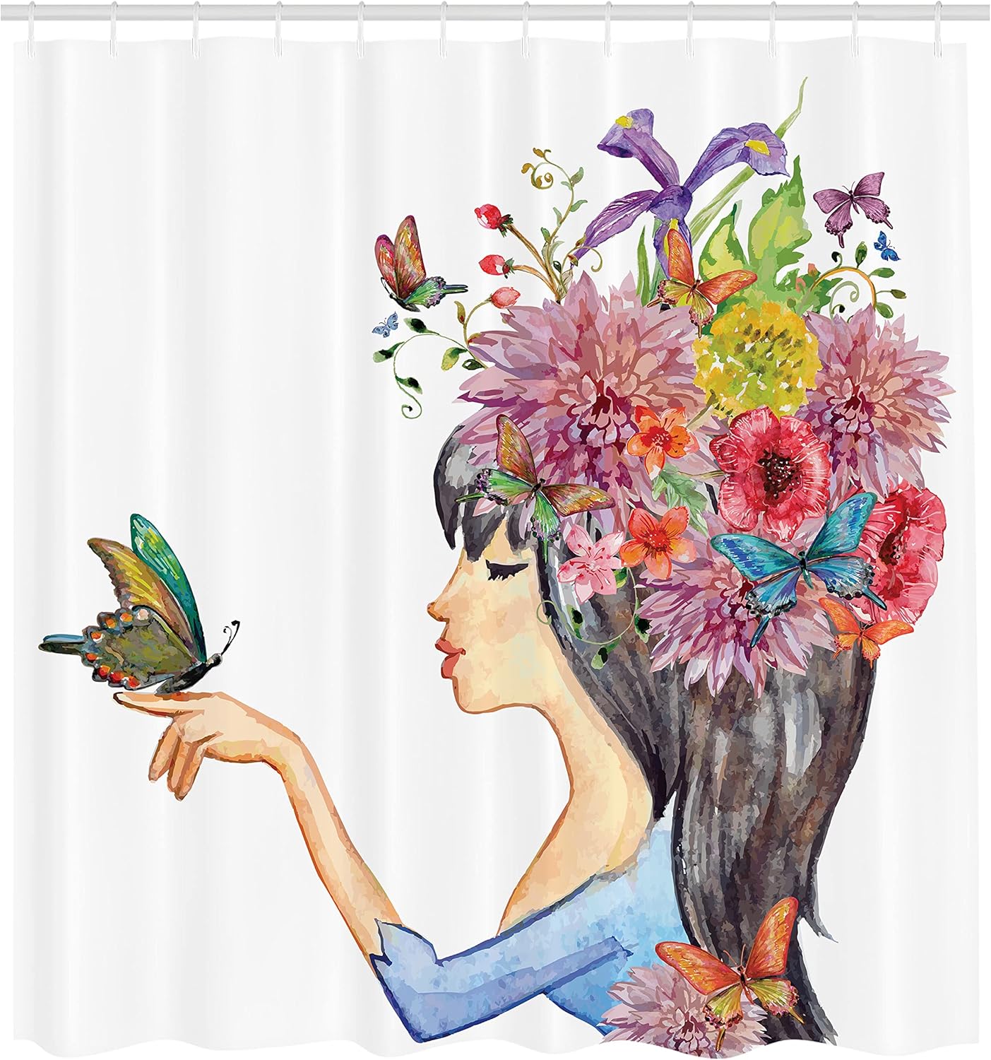 Ambesonne Watercolor Flower Shower Curtain, Floral Head Girl Holding Butterfly Romantic Feminine Spring Artwork, Cloth Fabric Bathroom Decor Set with Hooks, 69" W x 70" L, Champagne Pink