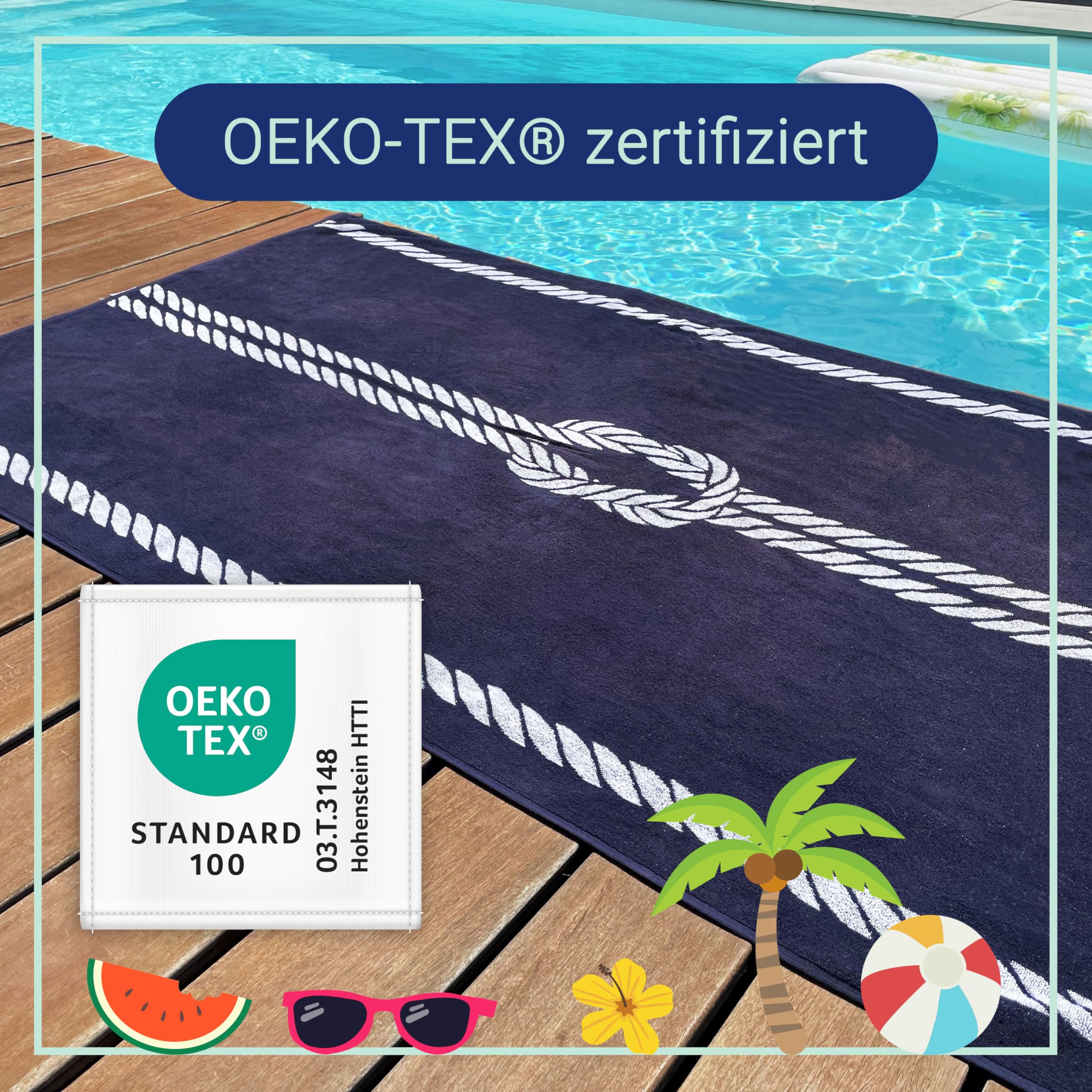 ZOLLNER Strandlaken - saugstarkes und strapazierfähiges Handtuch in 100x200 cm - waschbar bis 60°C - Baumwolle in blau - Elegantes Seil und Knoten Design - Oeko Tex® Zertifiziert