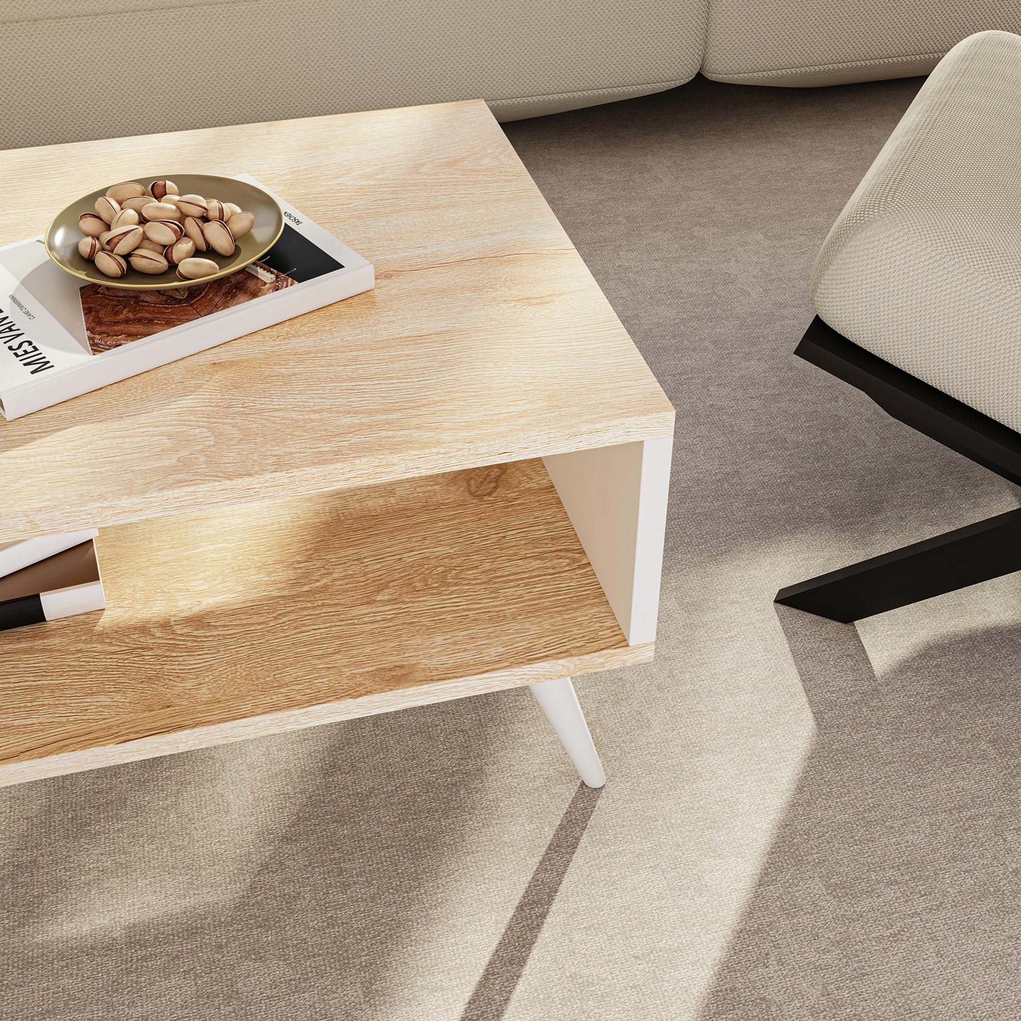 [en.casa] Couchtisch Lycksele Beistelltisch Wohnzimmertisch mit Stauraum rechteckig Eiche-Optik Weiß mit unterer Ablage Sofatisch