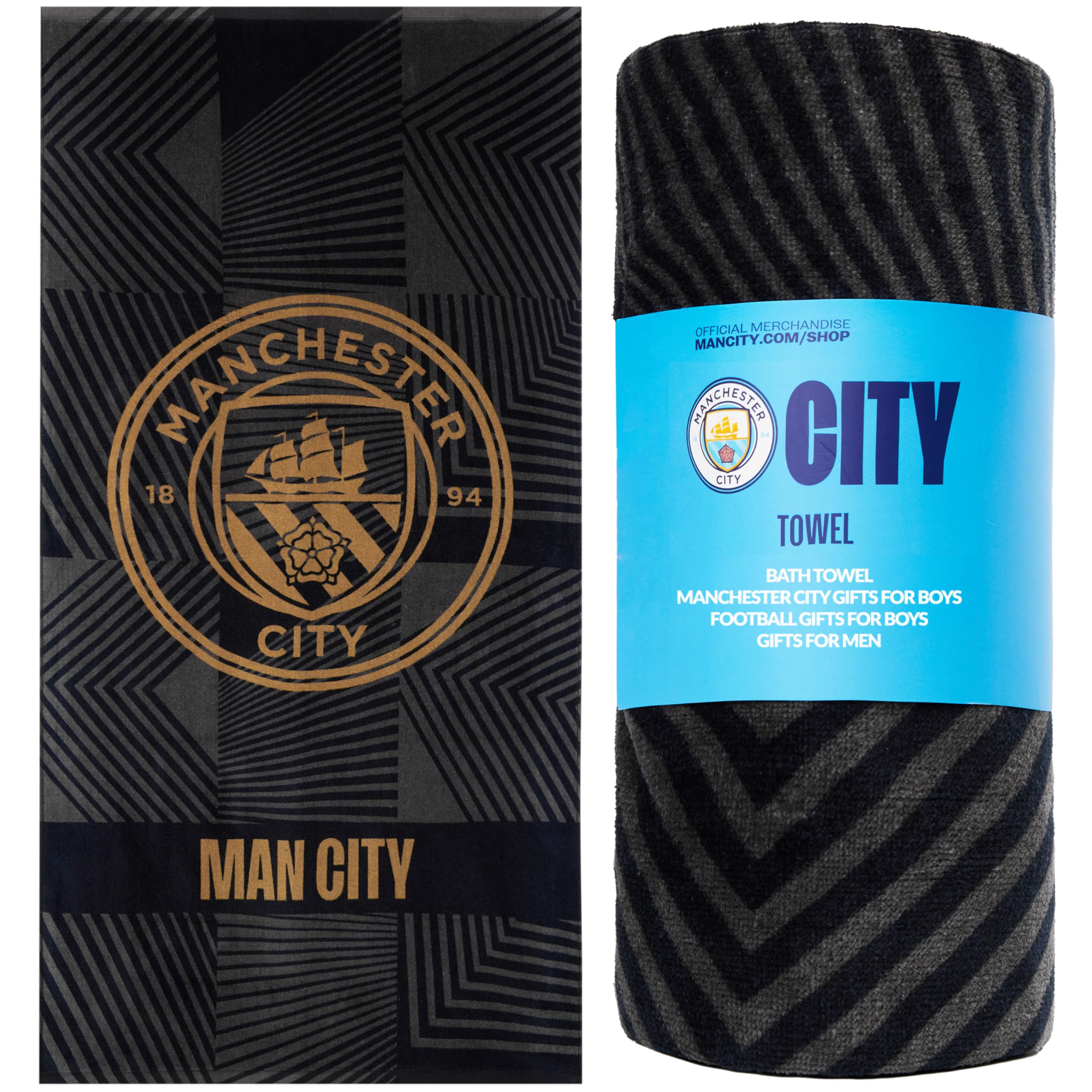MANCHESTER CITY F.C. Bath Towel for Men Women Teens Boys 100% Cotton Quick Dry Football Crest Beach Towel Swim Gym Holiday Shower Supporters' Gear 137 x 69cm (Black, 137x68.5cm)