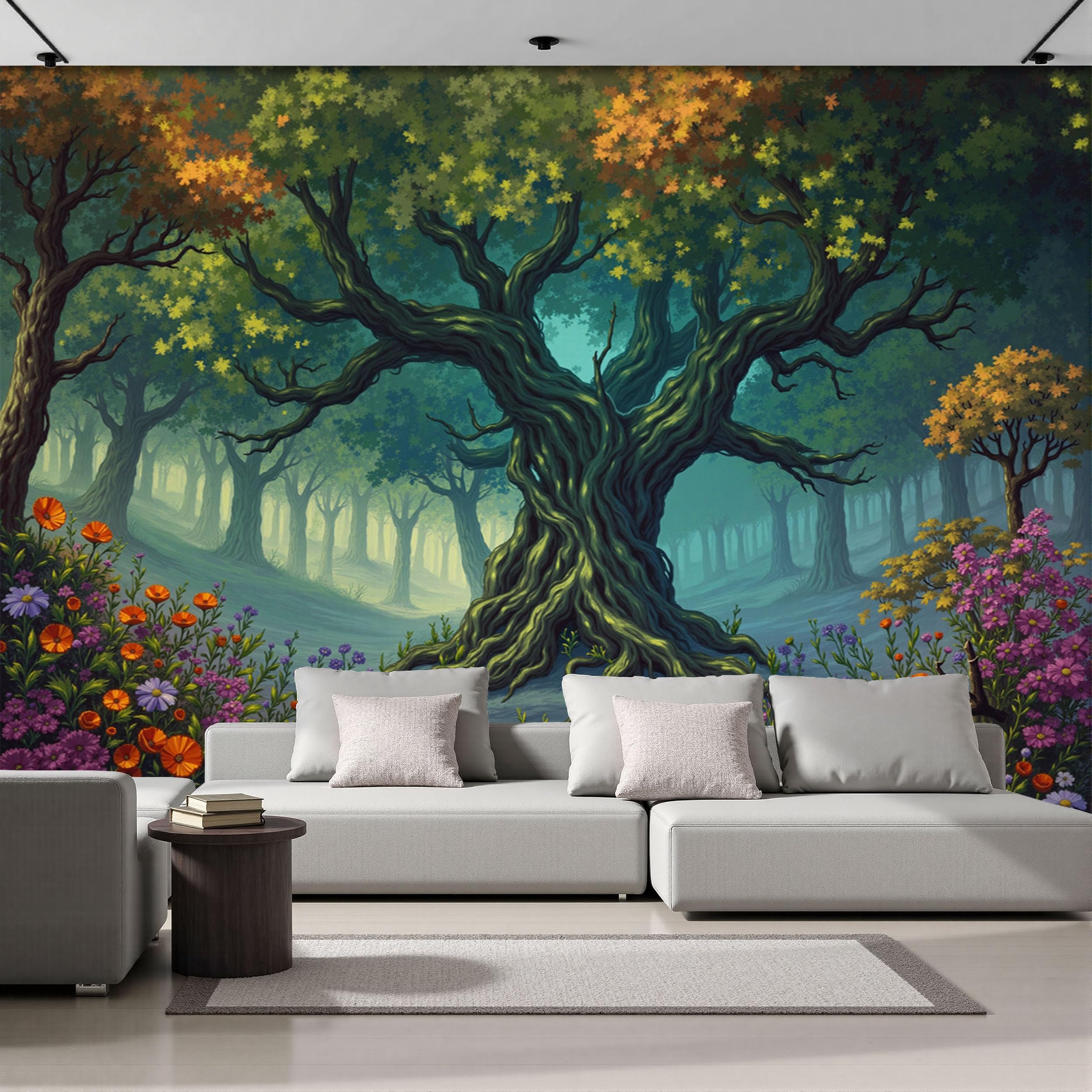 Papel Pintado Ilustración Fantástica Efecto 3D Paisaje Bosque Misterioso Salón Dormitorio - Fotomurales Pared Tela de Seda Decorativos Murales Fotográfico de Paredes (350Anx256Al cm)