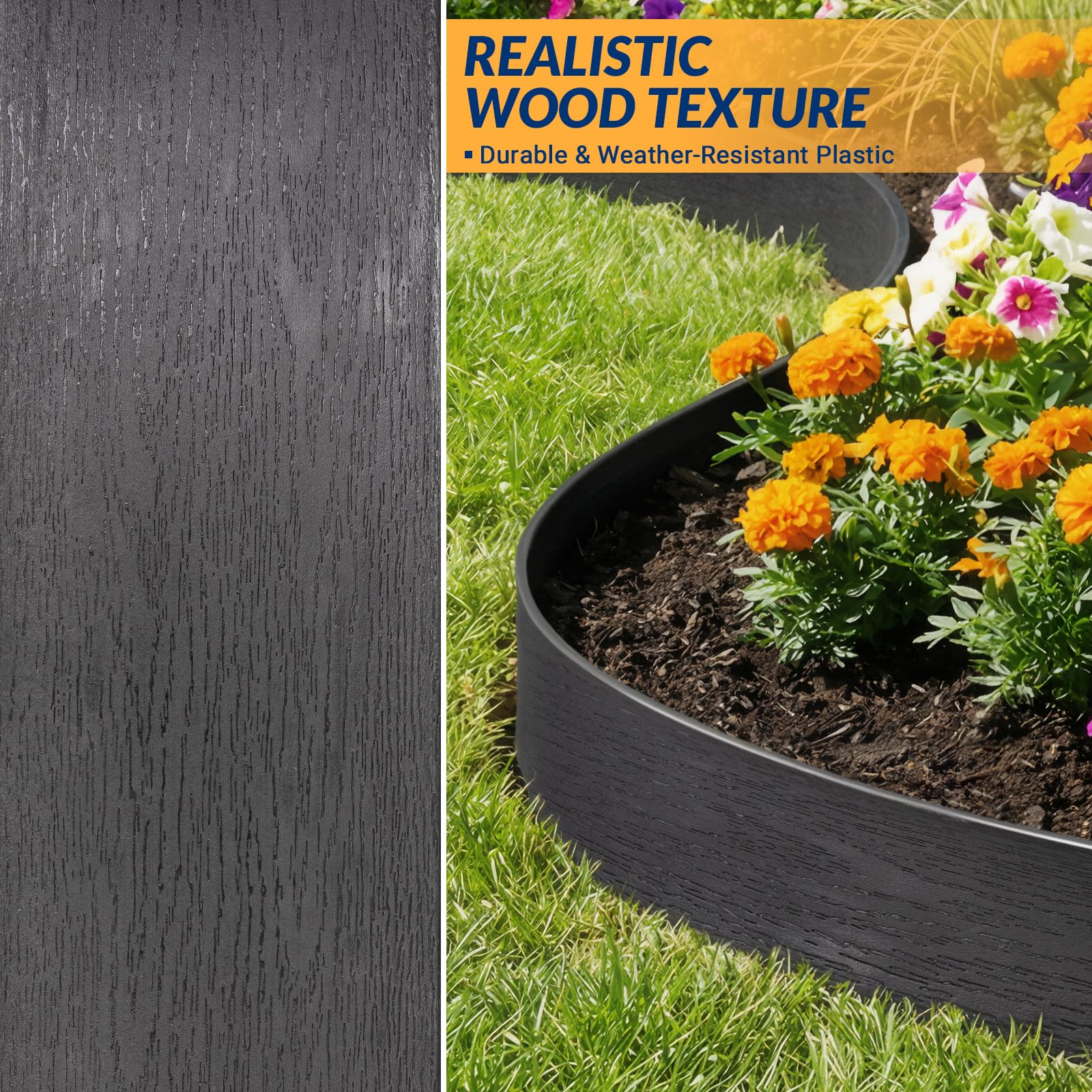 Velway Bordure de Jardin en Plastique Flexible 20 mètres, Hauteur 13cm - avec 40 Piquets d'ancrage – Délimitation Pelouse, Allée, Parterre – Bordurette Extérieure Facile à Installer