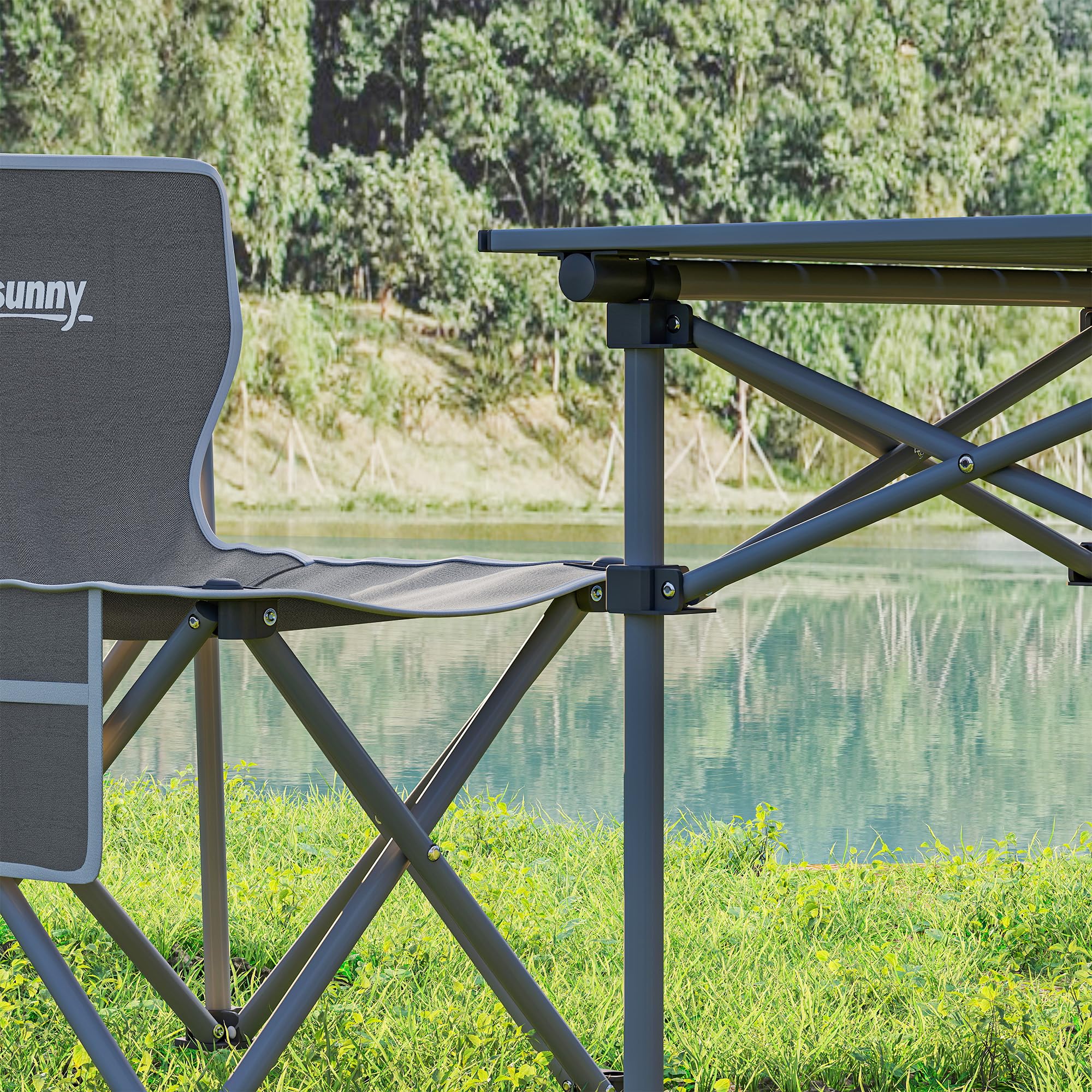 Outsunny Tavolo da campeggio con 4 sedie pieghevoli, set di tavolo e sedie da campeggio da 5 pezzi con tasche laterali e borse per il trasporto, 55 x 51 x 50 cm, grigio scuro