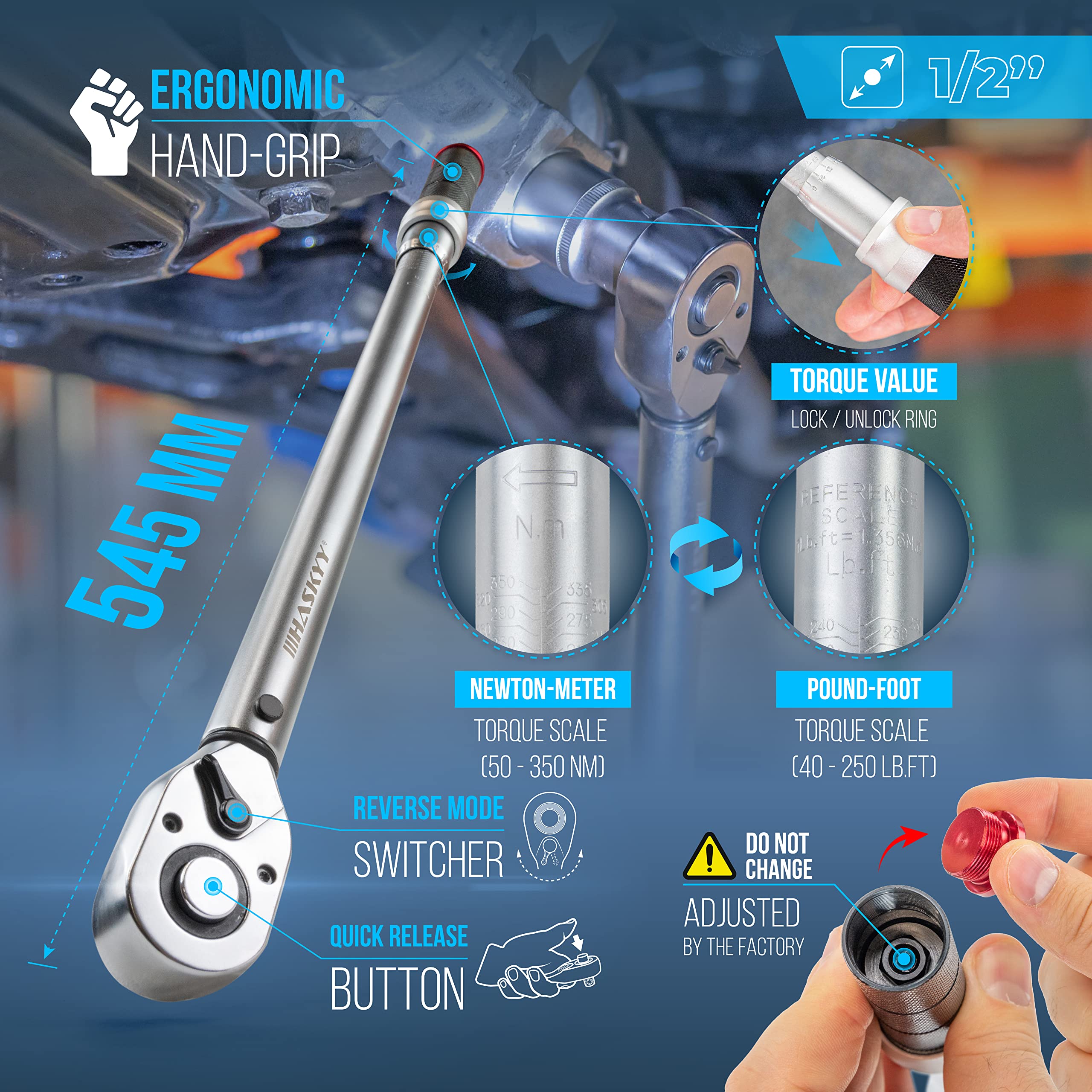 HASKYY - Juego de llaves dinamométricas 1/2" 50-350 Nm para automóvil con mucho accesorio como barra de extensión, puntas, insertos de tuercas, adaptadores