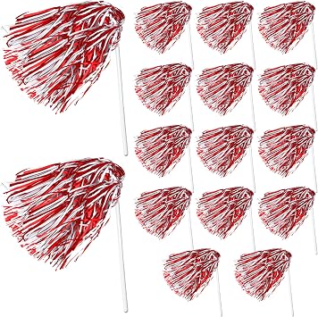 16pcs Cheerleading Pom Poms Metal Foil Plastic Pompoms bat Long Handle Sports Sports Team Dance Football Basketball Club Spirit Sports Stage Performance Celebration Red and White