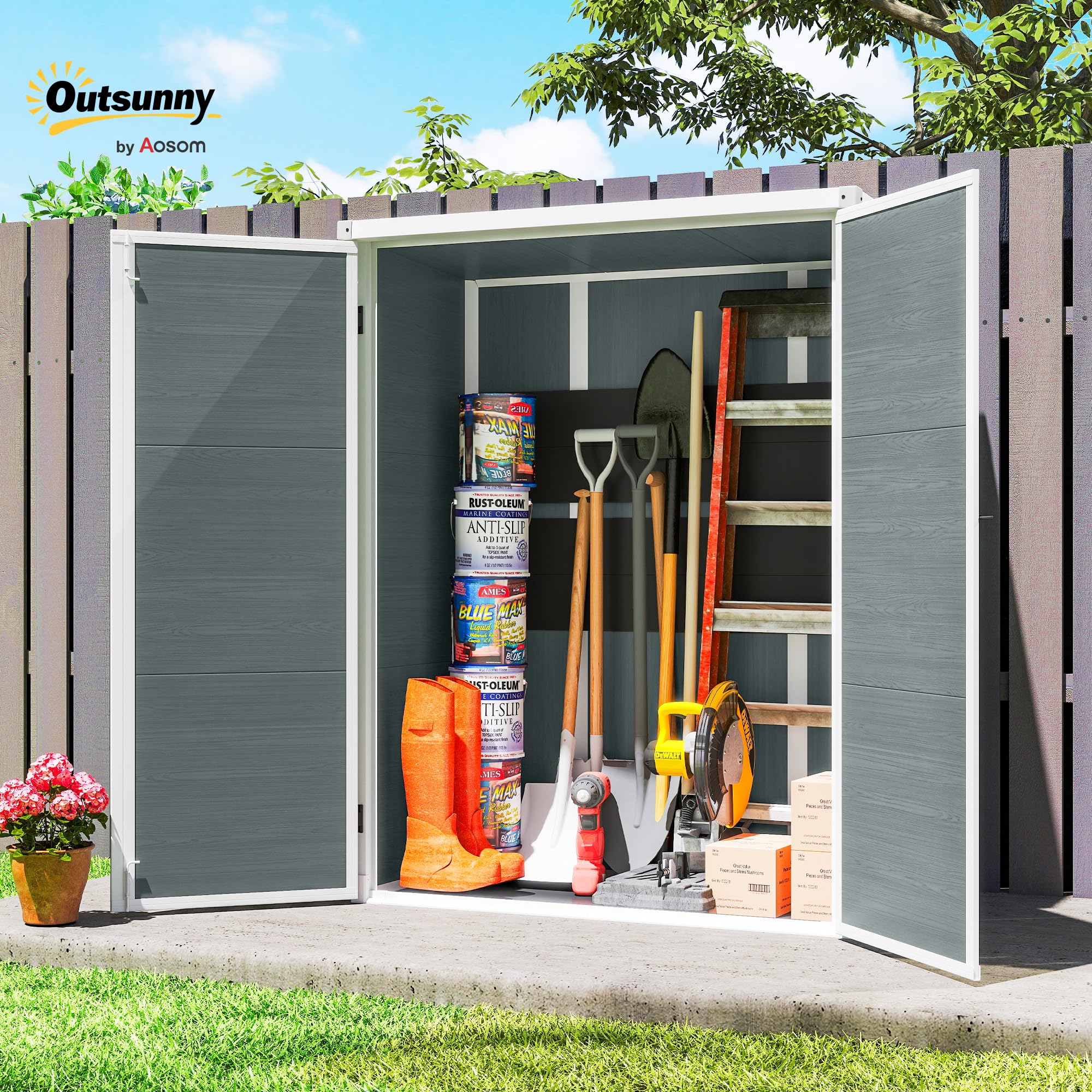 Outsunny Gerätehaus 0,8m² mit Klappbaren Regalen 134 x 68,5 x 170 cm | Kunststoff Gartenschuppen, Schnellmontage, Doppeltür, Boden, Schloss, Handschuhe, Geräteschuppen für Werkzeuge
