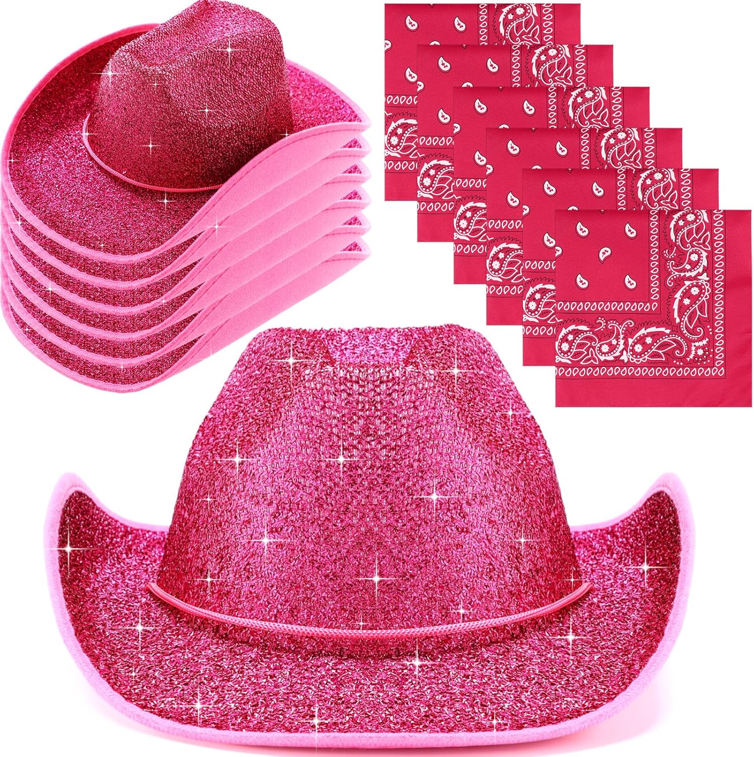 Coume 12 Pcs Sparkly Adults Cowboy Hat and Bandanas Women Men Western Glitter Cowgirl Party Hats with Adjustable Drawstring