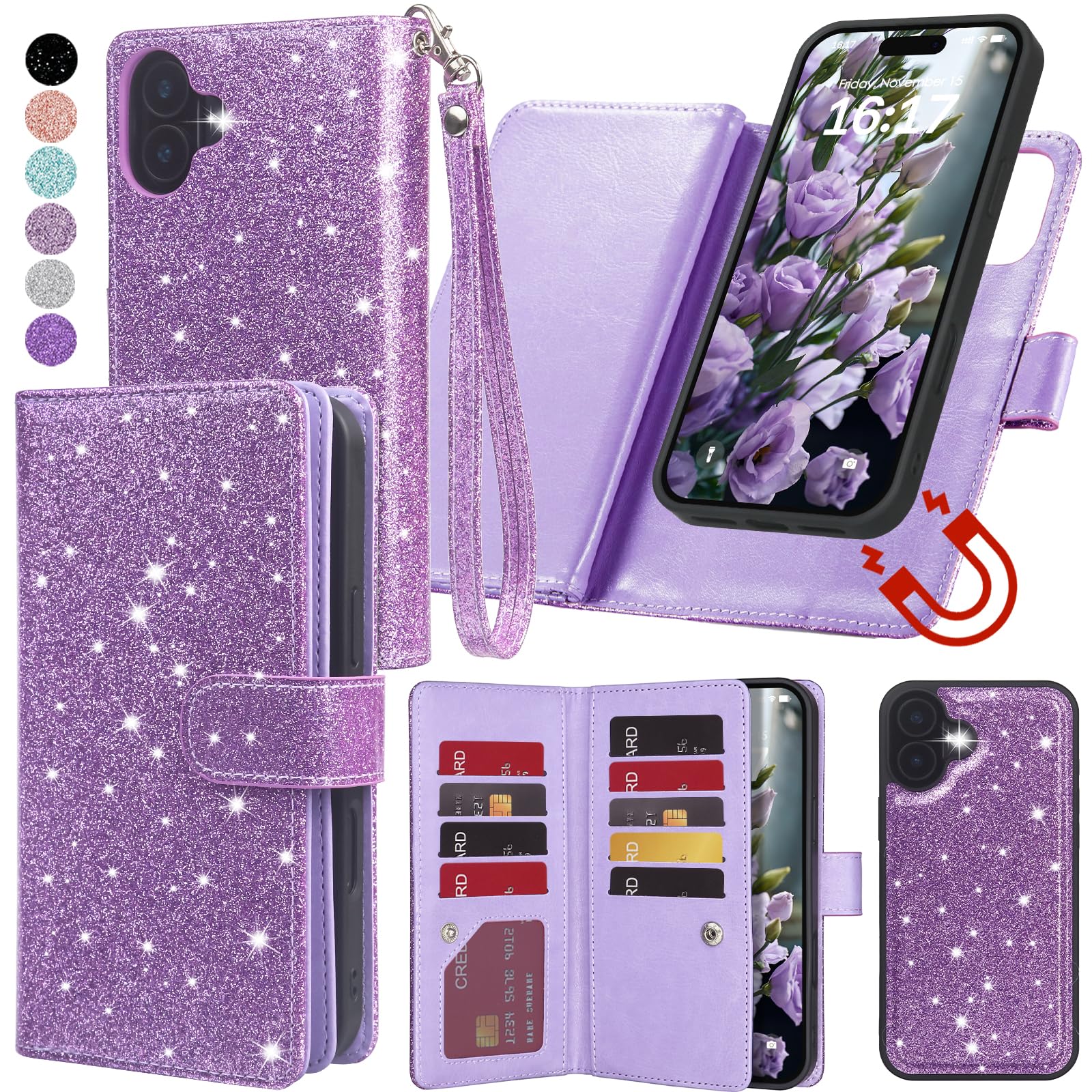 Varikke for iPhone 16 Wallet Case Detachable with RFID Blocking Card Holder for Women, Glitter PU Leather Wrist Strap Strong Magnetic Flip Wallet
