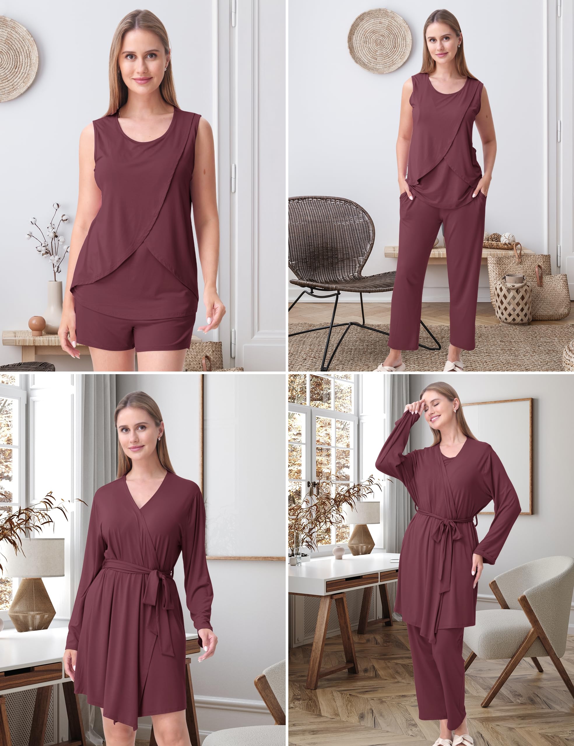 SUNNYBUY 4-teiliges Umstands Stillpyjama Set mit Kimono, unsichtbares Stillen, für Zuhause & Freizeit, Schwangerschaft & Stillzeit