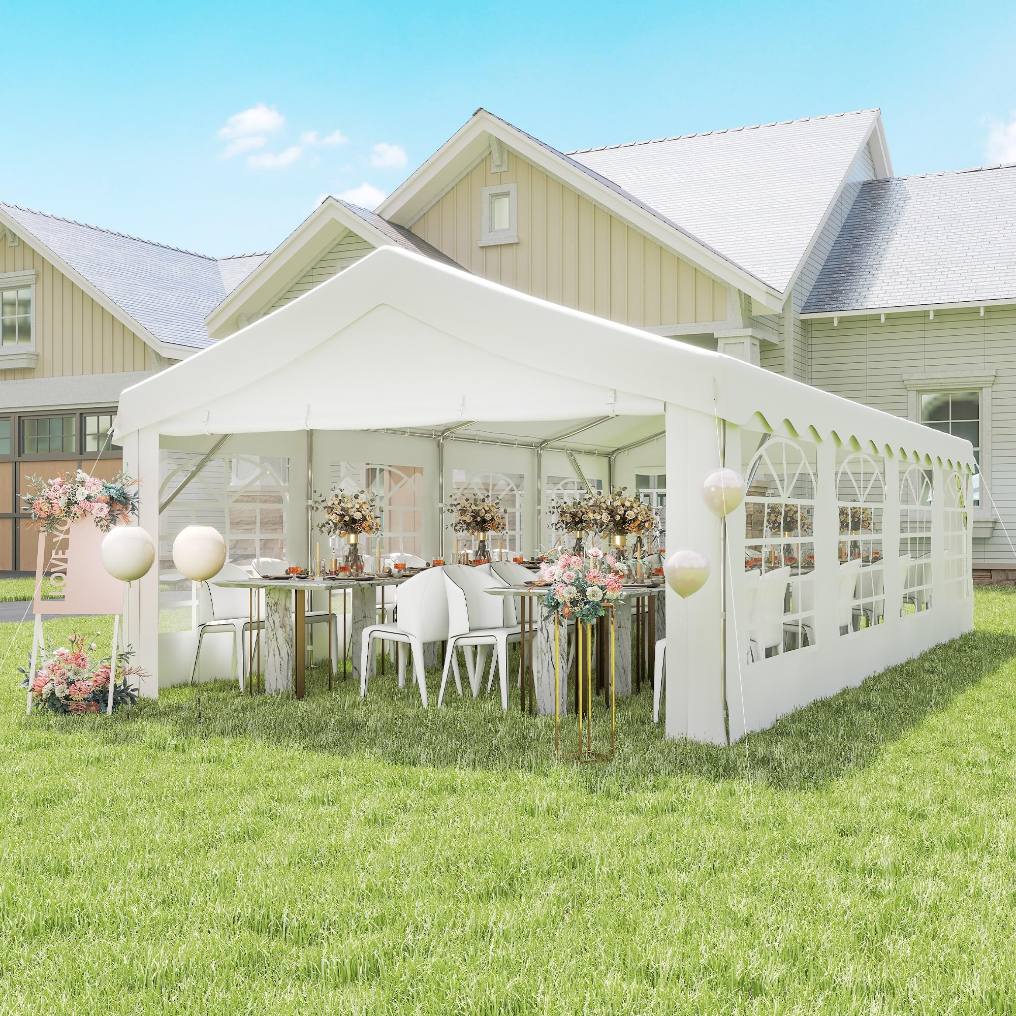 Heavy-Duty Outdoor Party Tent with UV-Resistant PE Canopy, Steel Frame, Cathedral Windows, and Ventilation Doors for Events and Gatherings