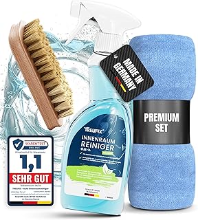 Treufix - Car Interior Cleaner and Cockpit Care Car [Professional Set Including Upholstery Brush and Microfibre Cloth] Upholstery Cleaner Car for Display, Fittings, Seats, Steering Wheel and Much More