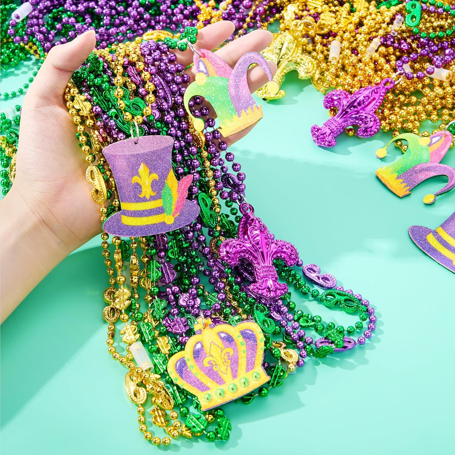 JOYIN 120 Pcs Mardi Gras Bead Necklaces with Pendant, Assorted Gold Green Purple Bead Necklace Set for Mardi Gras Party Outfit Accessories, Colorful Necklaces Bulk for women&men Costumes Supplies