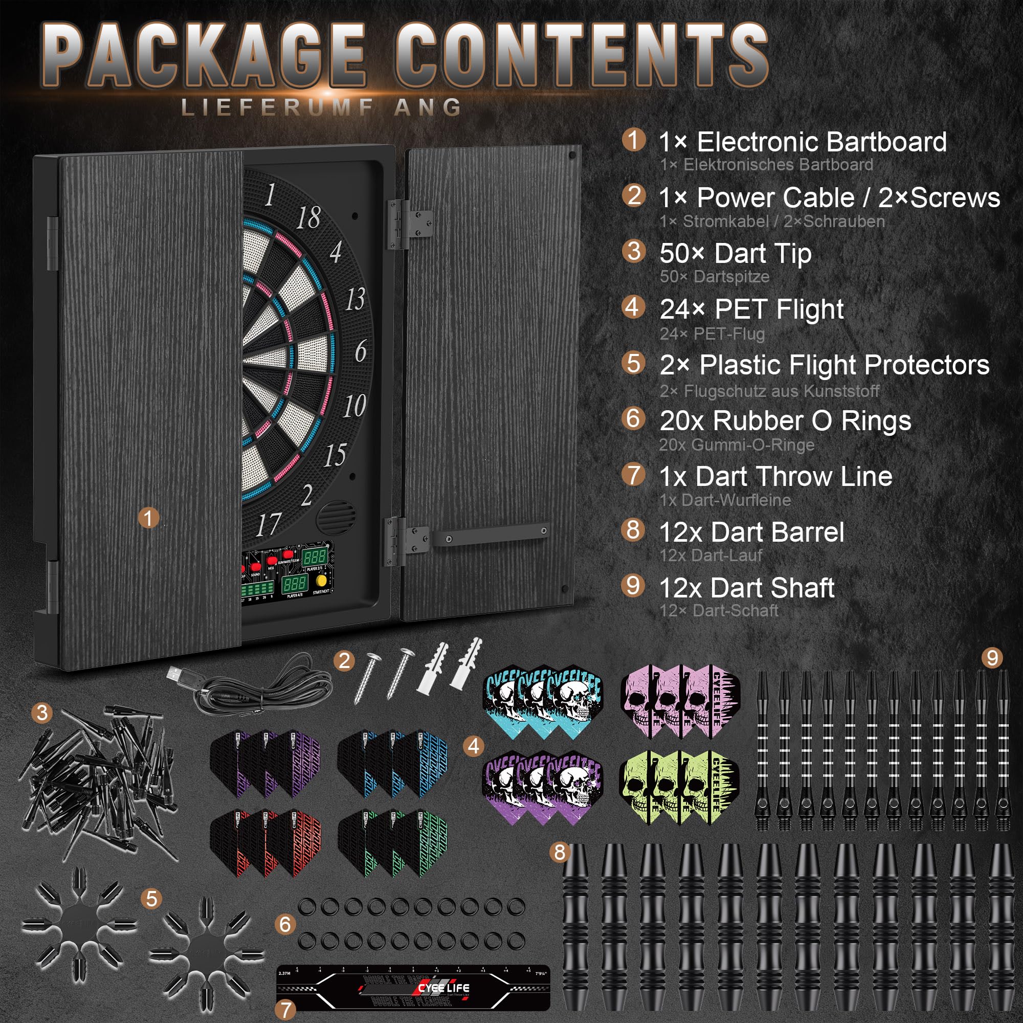 CyeeLife Bersaglio elettronico per freccette con armadio in legno, bersaglio elettronico con 34 giochi e 355 varianti, modalità 8 giocatori, display LED, voce tedesca