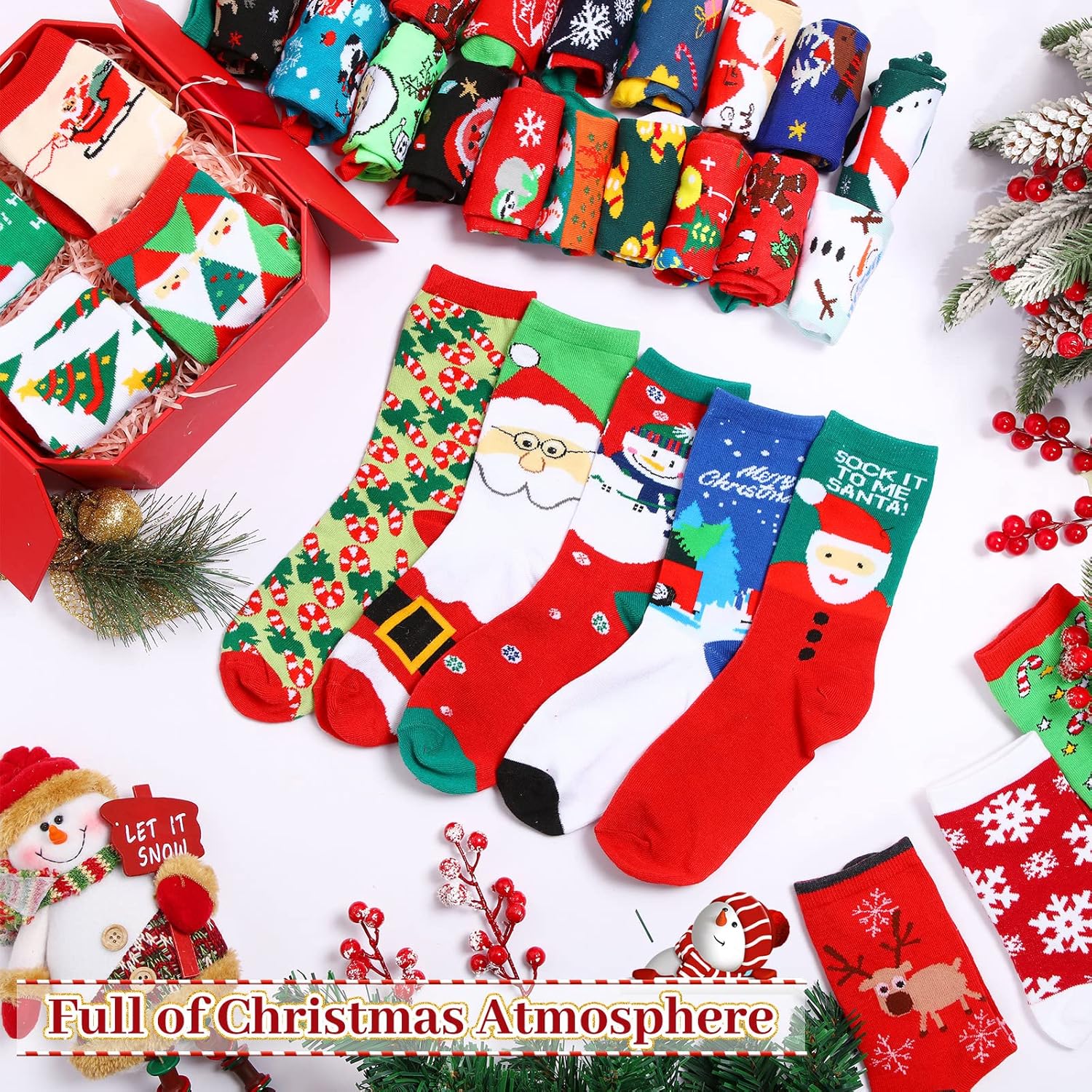 Handepo 24 Pairs Christmas Socks Bulk Christmas Crew Warm Winter Holiday Socks Xmas Soft for Women Novelty Holiday Gift - Image 6