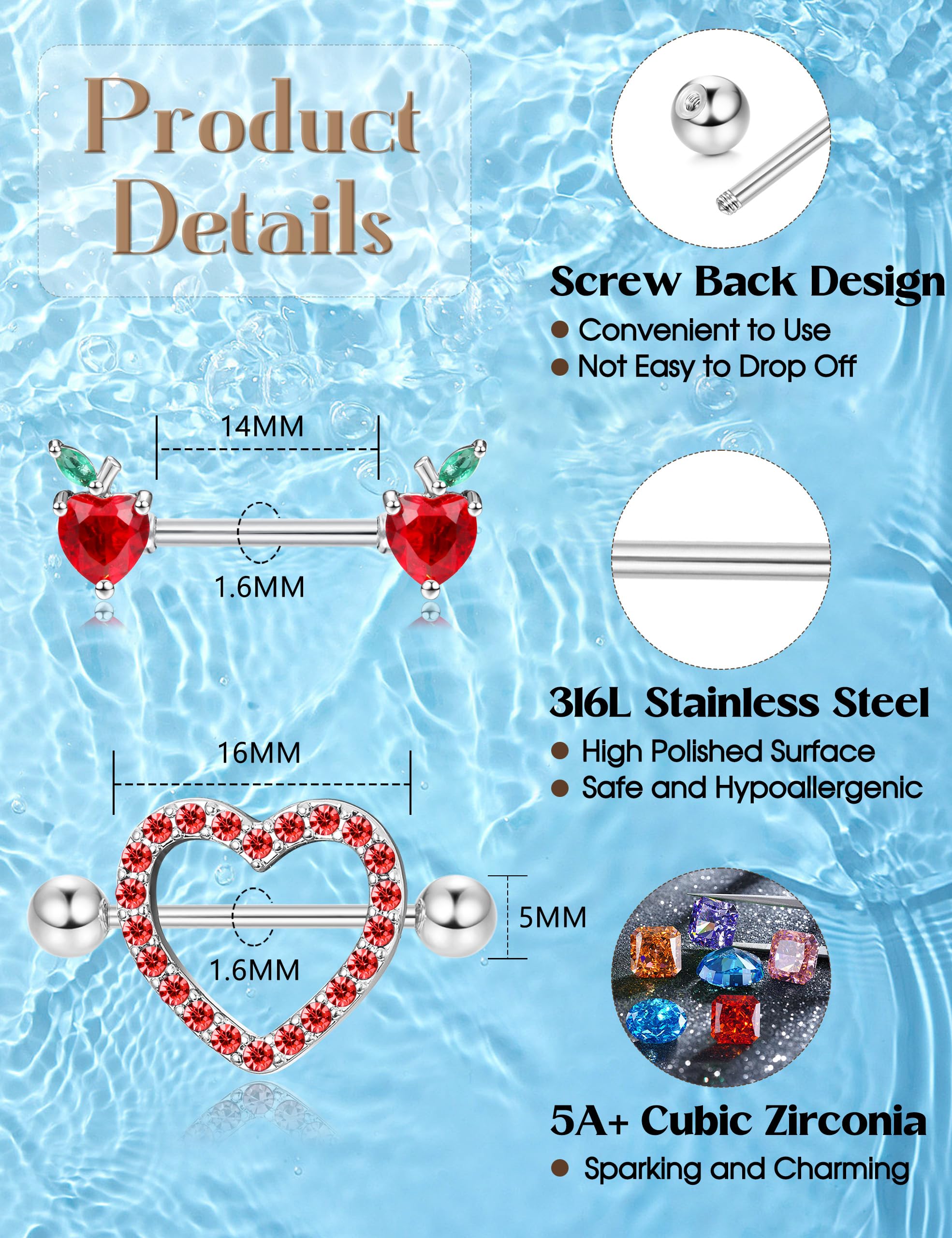 Kakonia 6 Paare 14G Brustwarzenpiercing Nippelpiercing Chirurgenstahl Gold Silber Schwarz Rot Rosa Blau Herz Schmetterling CZ Nipplerings Barbells Nipple Piercing Schmuck Set für Damen