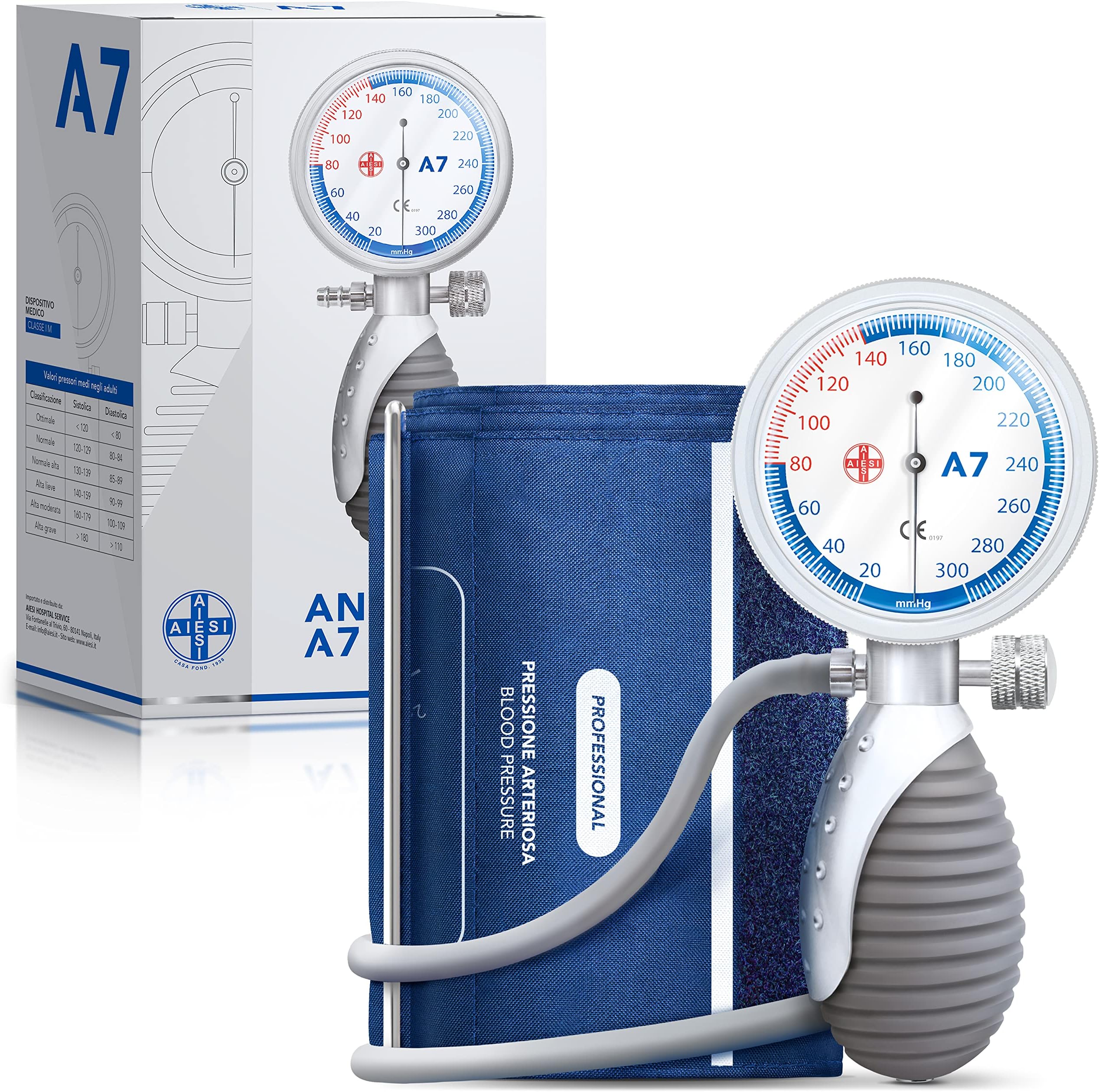 AIESI® Professional Manual Aneroid Sphygmomanometer Handheld Model for Adults Aneroid A7, Adjustable Handle, 24 Month Warranty