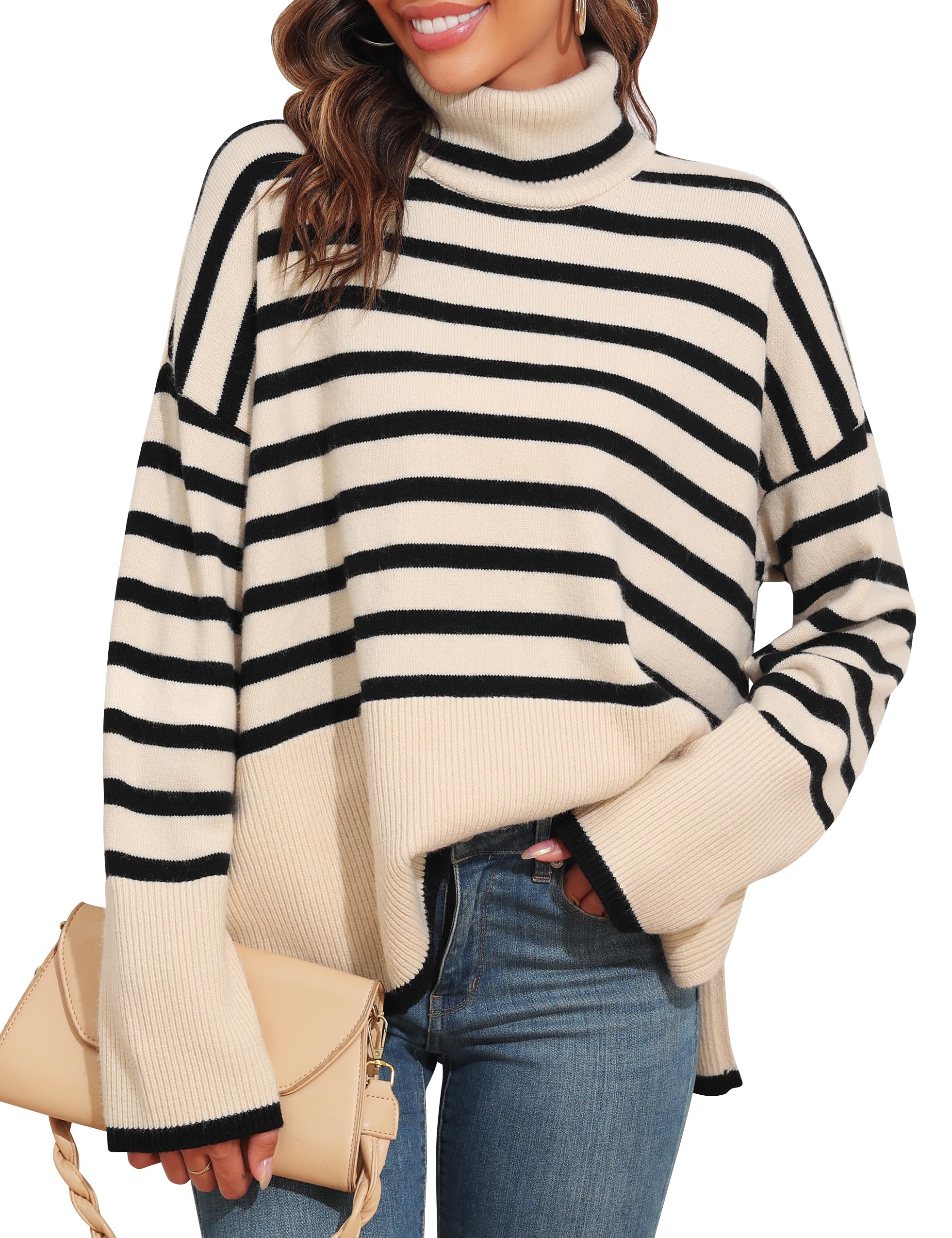 PrettyGuideWomen's Oversized Turtleneck Sweaters Casual Long Sleeve Side Slit Knit Tunic Pullover Sweater Tops