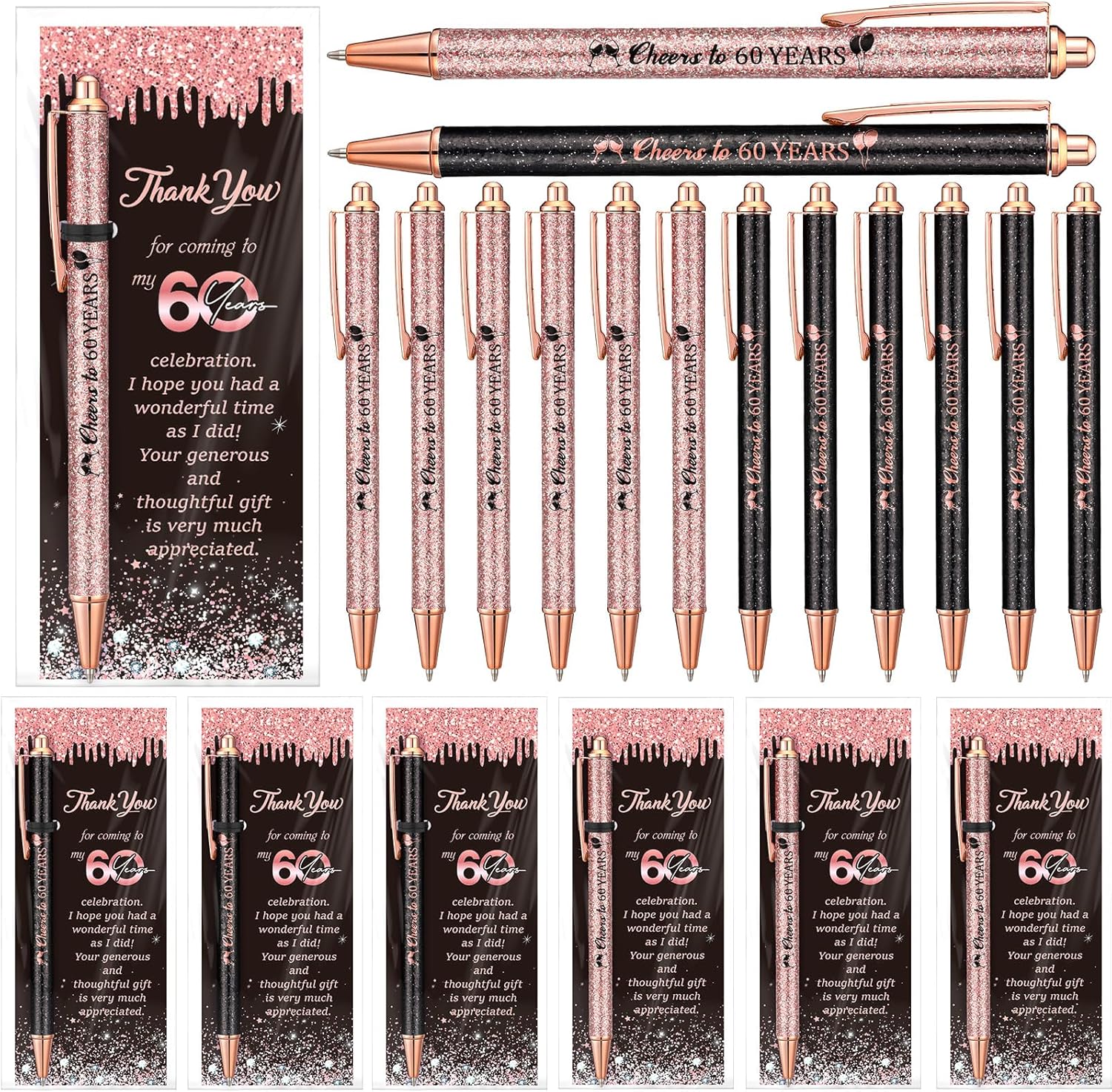 30 Sets 60th Birthday Supplies for Guests Include 30 Cheers to 60 Years Ballpoint Pens with 30 Thank You Cards 50 Organza Bag and 50 Twist Tie Office School Birthday Anniversary Party Favors