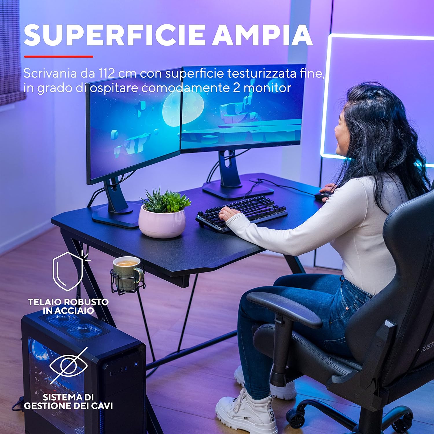 Trust Gaming GXT 711X Dominus, Scrivania PC Ergonomica con Supporto per Cuffia e Portabicchiere, Telaio in Acciaio, Sistema di Estione dei Cavi, Scrivania Ufficio - 112 x 72 cm – Nero Dominus X 112 x 72 cm - Immagine 4