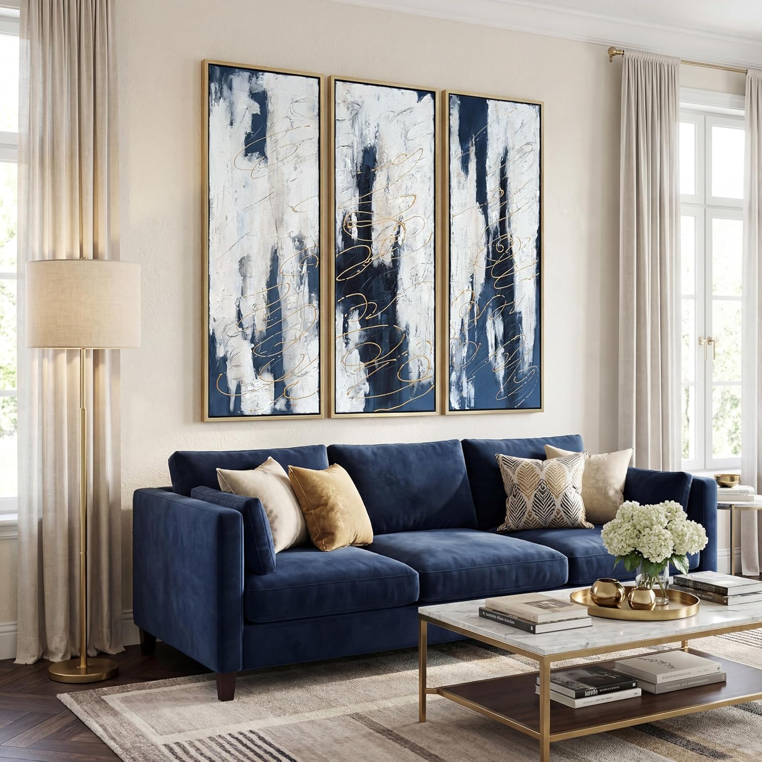 Empire Art Direct Abstract Wall Art Textured Hand Painted Canvas by Martin Edwards, Triptych, 60" x 20" each, Blue Shadows