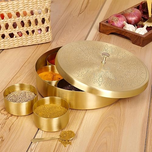 Miniatura 4 de Caja de especias india house indian masala dabba masala dabba de latón  Organizador de contenedores de especias indias de 8 pulgadas  Caja Masala de
