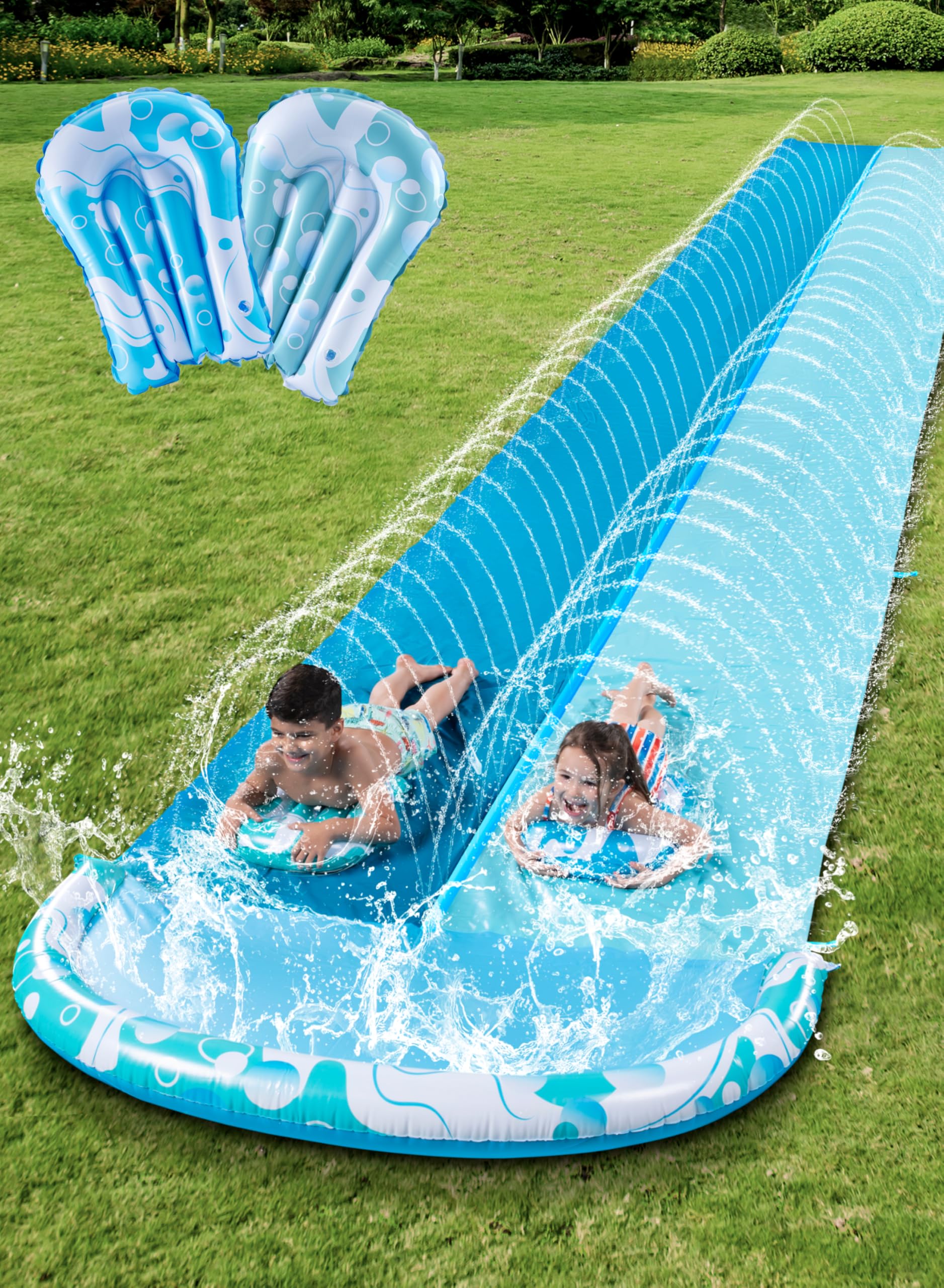 JOYIN 32.5FT Water Slide and 2 Inflatable Boards, Extra Long Heavy Duty Double Lawn Waterslide with Sprinkler for Kids Adults Backyard Summer Water Toy Outdoor Fun, Blue, Light Blue