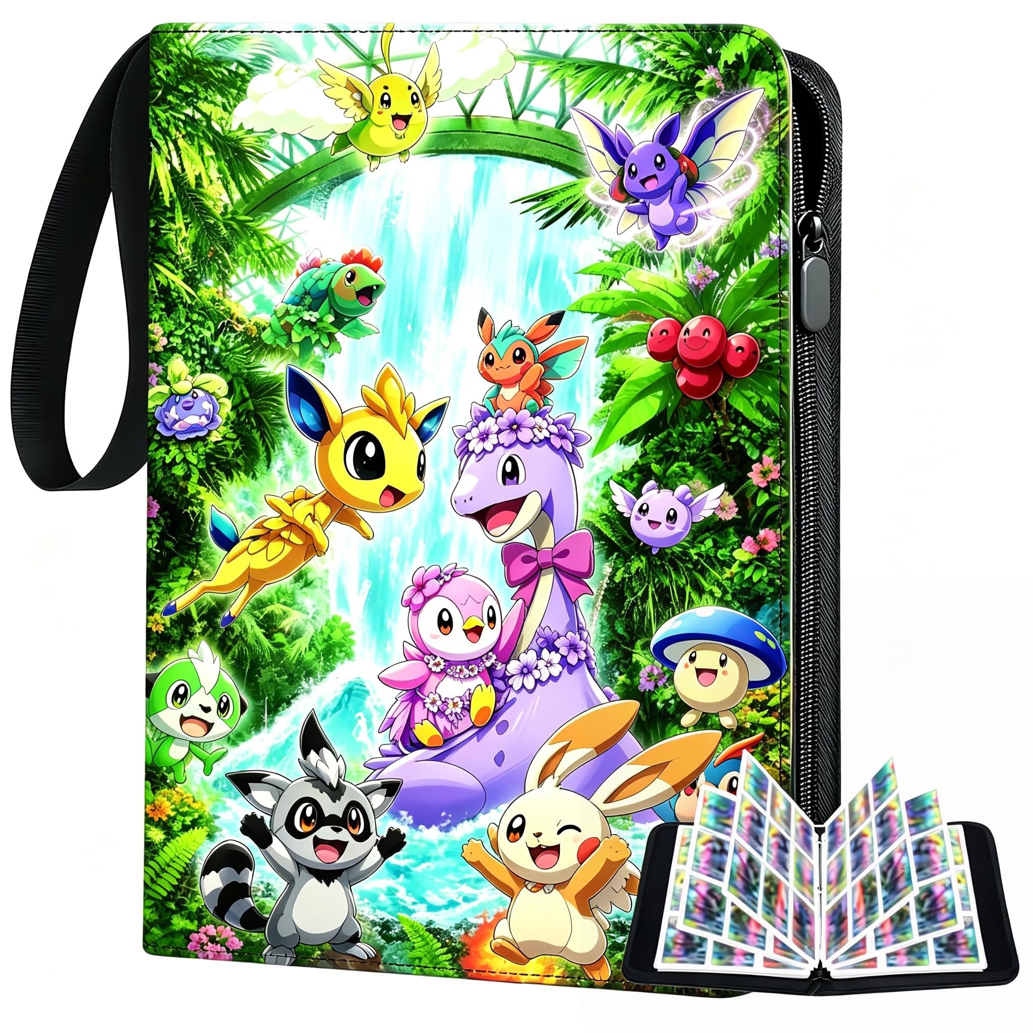 9 Pocket Trading Card Zip Binder, 900 Pockets, Cute Cartoon Character Design, Collection Storage Album (900 cards - color hand-painted style-2)