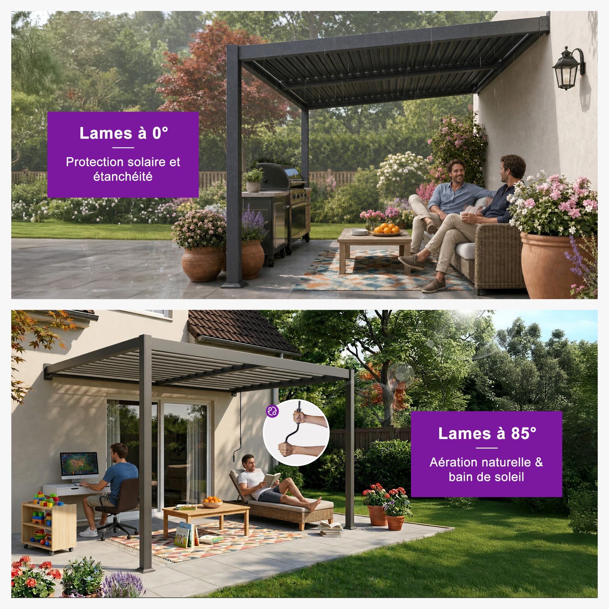PURPLE LEAF Pergola Bioclimatique Adossée 3 x 4,25 m en Aluminium, Entretien Facile, Pergola Bioclimatique Murale avec Lames Orientables, Résistante UV et Pluie, Idéale pour Jardin et Patio, Gris