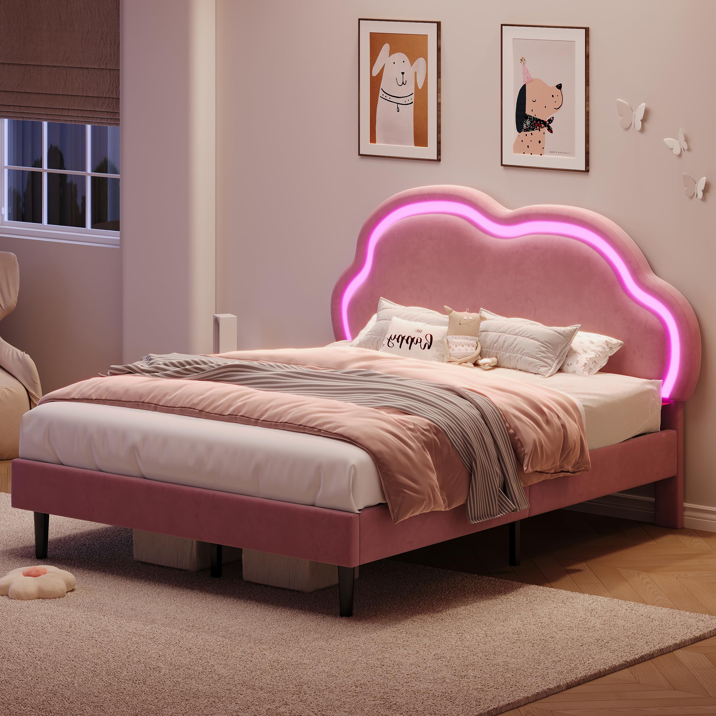 4ft6 Double Upholstered Bed with LED Adjustable Cute Cloud Headboard, Soft Velvet Fabric Platform Bed Frame with Solid Wood Slats, No Box Spring Needed,Underbed Storage,Easy Assembly,Pink,No Mattress โ image 1