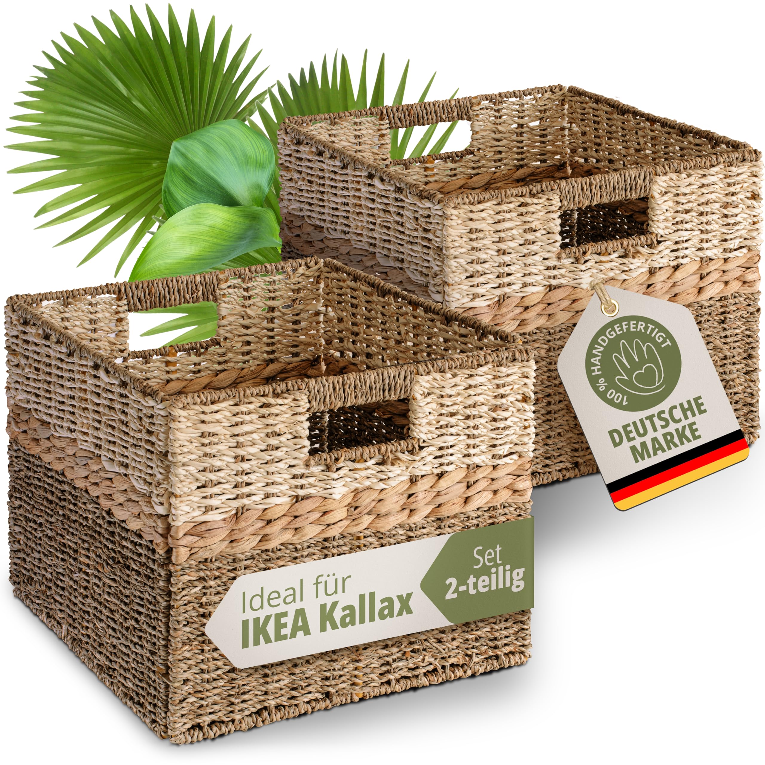 Aufbewahrungskörbe 2er Set Seegras Wasserhyazinthe 33x30xH26 cm | Besonderer Naturmix aus Seegras, Wasserhyazinthe und Palmblatt, handgefertigt, faltbar, für KALLAX, Küche, Bad, Wohnzimmer