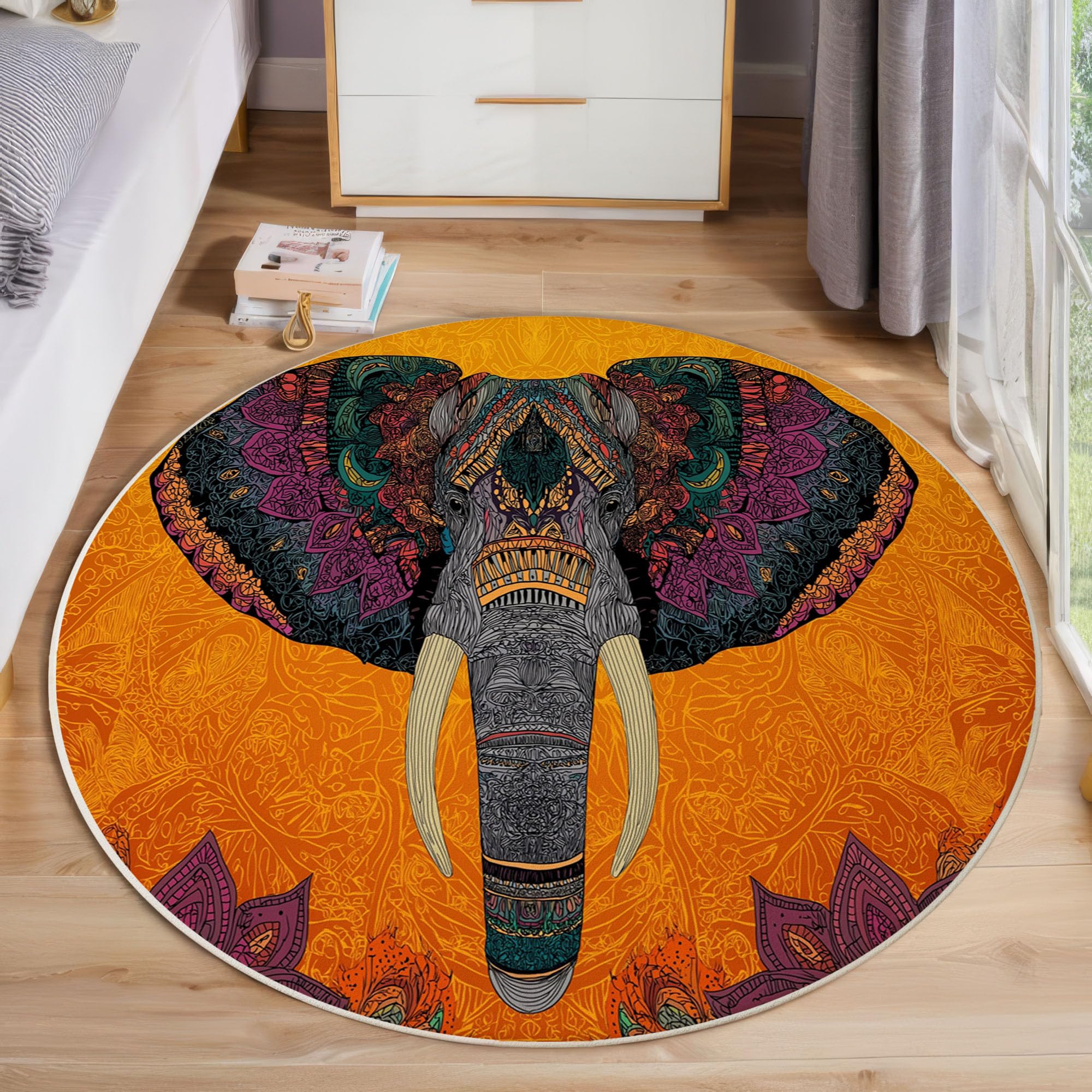 Tapis Rond à Poils Ras Tête D'Éléphant Mandala Antidérapant Lavable Tapis de Sol Motif Cachemire Moquette Décoration pour Salon Chambre Canapé Descente de lit, 120cm, Couleur Orange