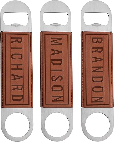 Groomsmen Regalos, Juego de 3, Abrebotellas Personalizado - 10 Diseños, Marrón - Recortes de Cuero de Acero Inoxidable Abrebotellas Personalizado