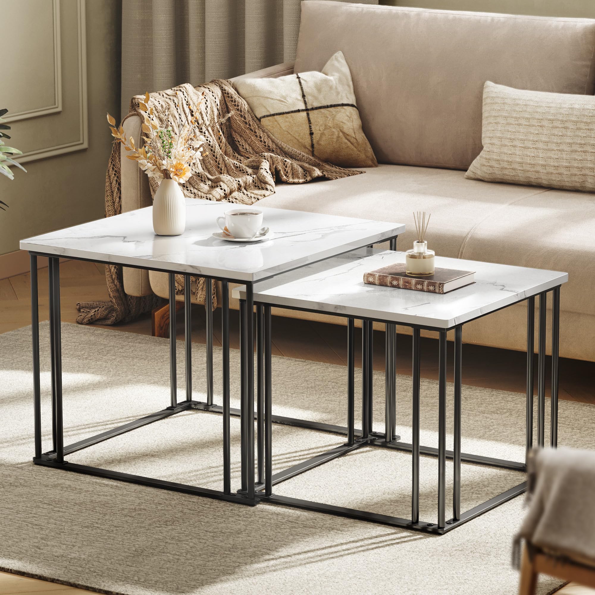 YITAHOME Set di 2 tavolini da salotto in legno, moderni tavolini da cocktail con struttura in metallo, per soggiorno, sala da pranzo, cucina, bianco