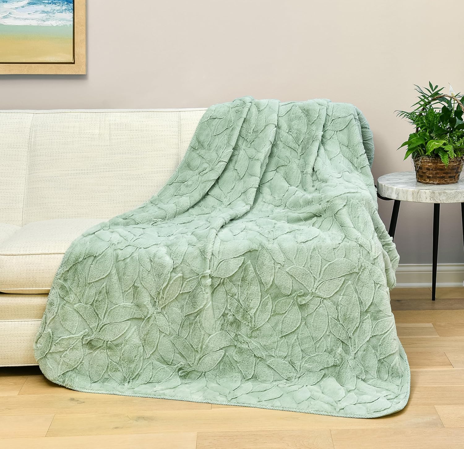 Northwest HGTV Luxuriously Soft Faux Fur Throw Blanket, Triple Jacquard Carved Design with Micro Mink Reverse, Plush Layer for Bed, Couch, Sofa, Living Room, Travel, or Gift, 50 x 70 inches, Green