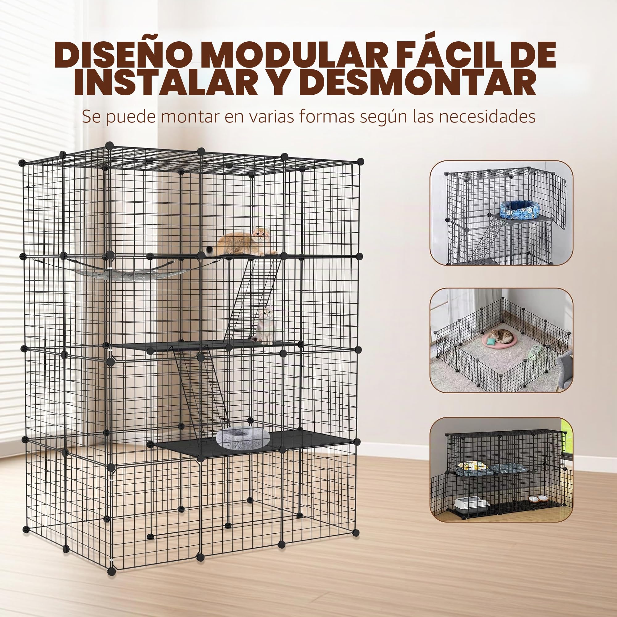 ACXIN Jaula grande para gatos de 4 niveles con sistema de conexión DIY, recinto para gatos con hamaca desmontable, 2 escaleras y 2 puertas, parque para gatos para casa y jardín, jaulas para animales