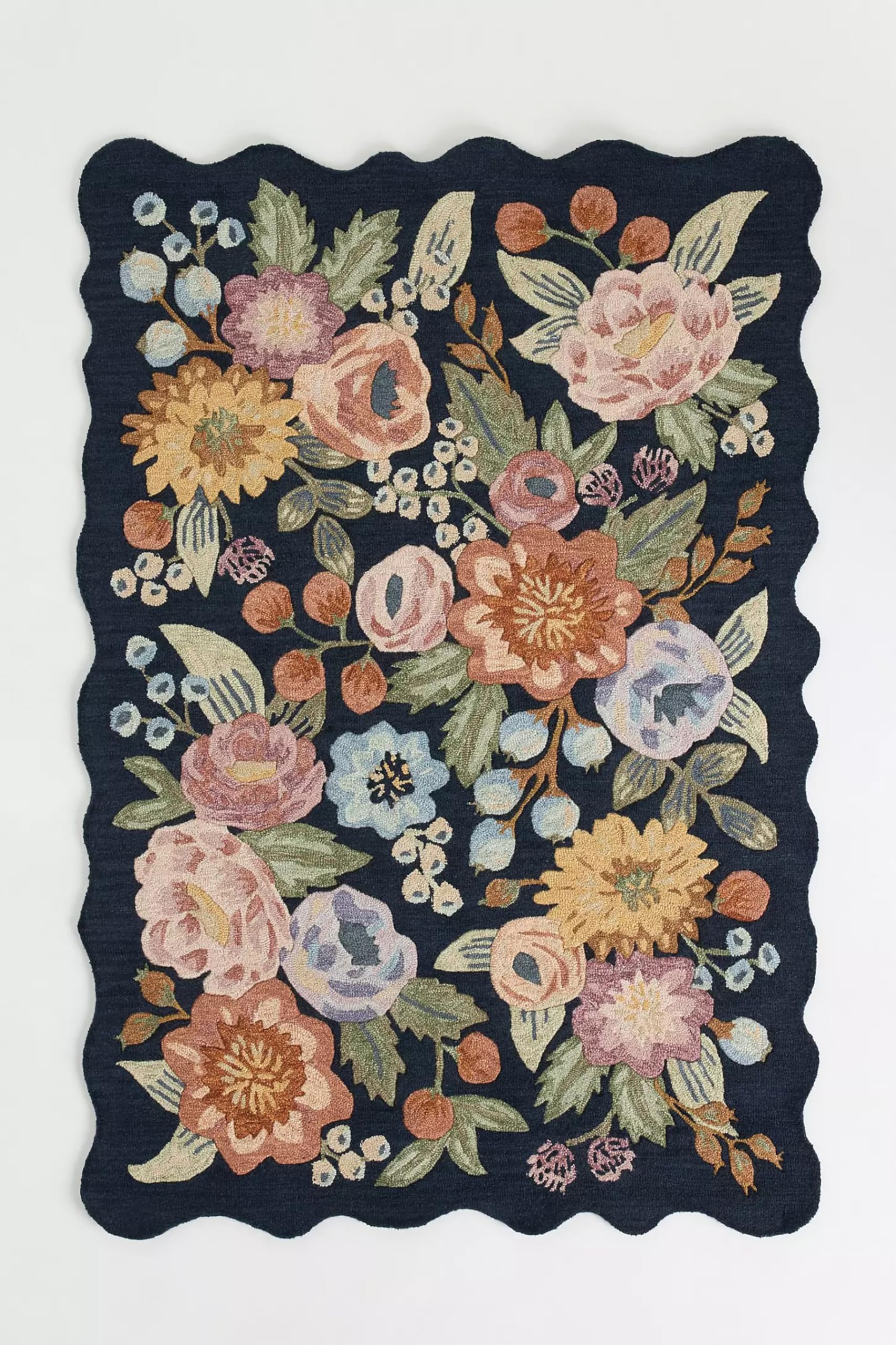 Hand-Tufted Wool Area Rug (4x6 Ft) - Navy Blue with Vibrant Multicolor Flowers, Scalloped Edges, Luxury Soft Pile Carpet for Living Room, Bedroom, and Office