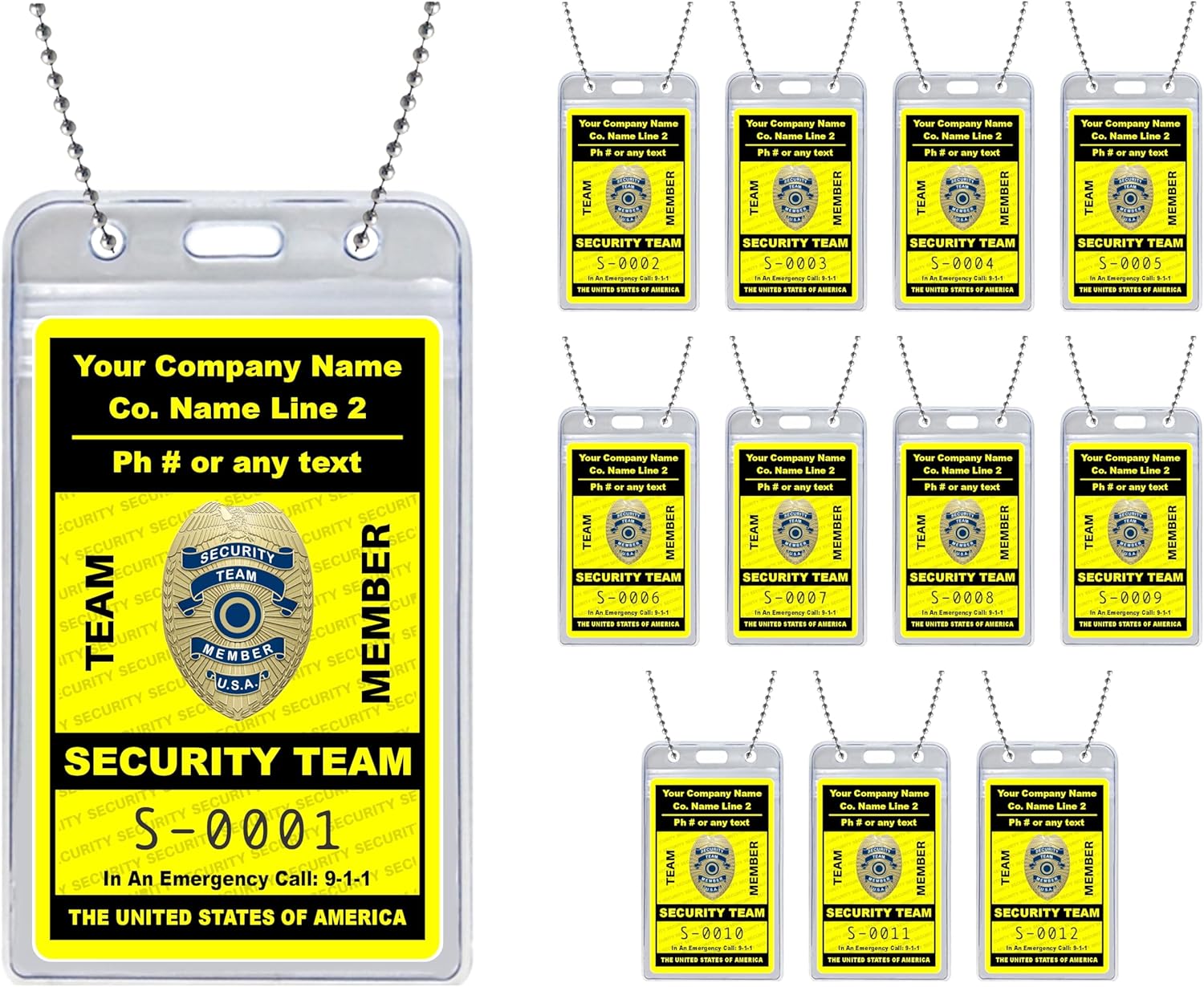 Security Guard Team ID Card/Badge Set - (Custom Printed with Your Company Name & Number) PVC Plastic - Available in 12, 36, 60 and 108 Piece Sets - Made in The U.S.A. Yellow