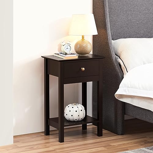 Miniatura 2 de Topeakmart Juego de 2 mesitas de noche de madera con 1 cajón y 1 estante, moderna mesita de noche con cajón de 2 niveles, mesita de noche con