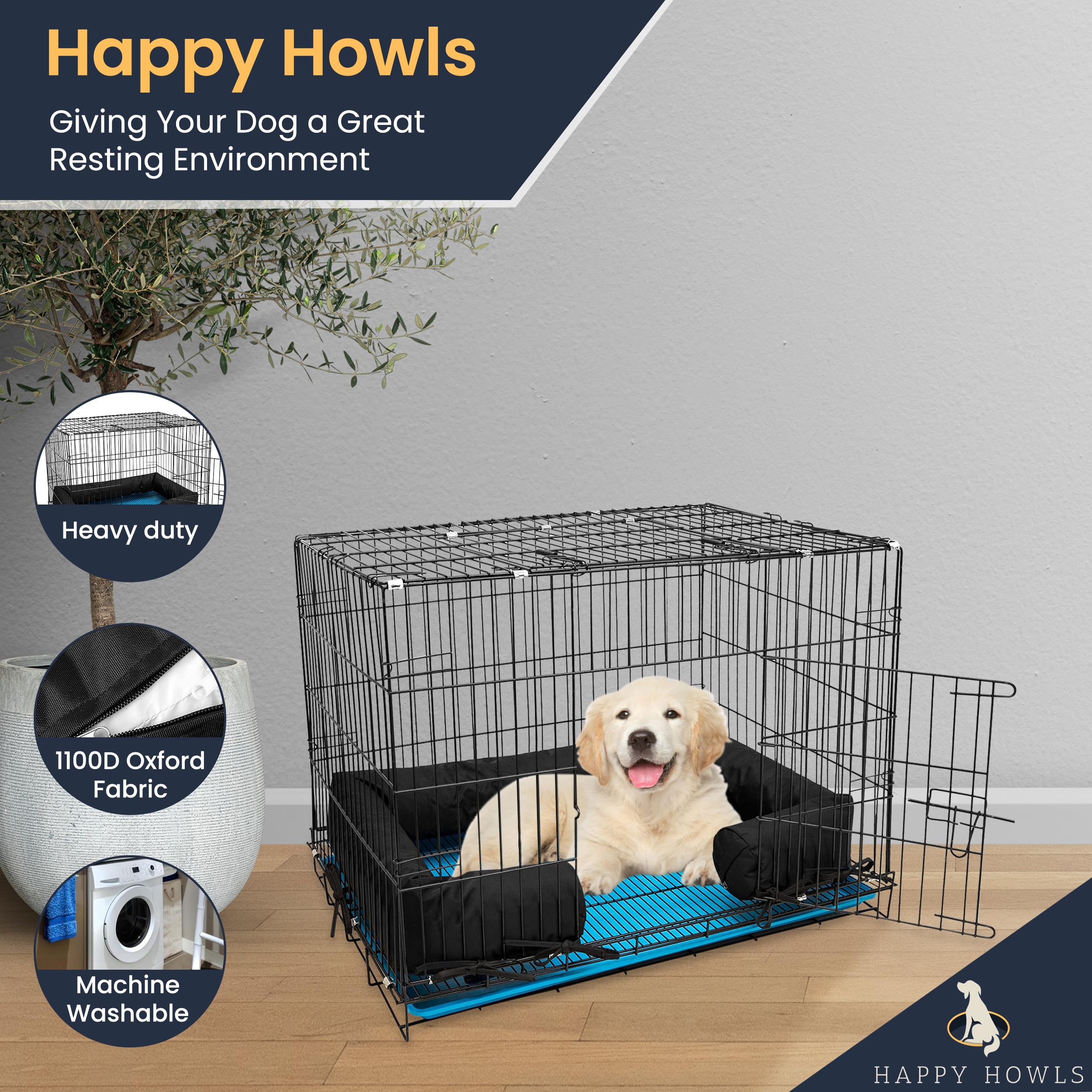 Happy Howls Paraurti per gabbia per cani, in tessuto impermeabile 1100D, con lacci rinforzati e cerniere resistenti, si adatta a cucce per cuccioli di porta anteriore o laterale, copertura rimovibile