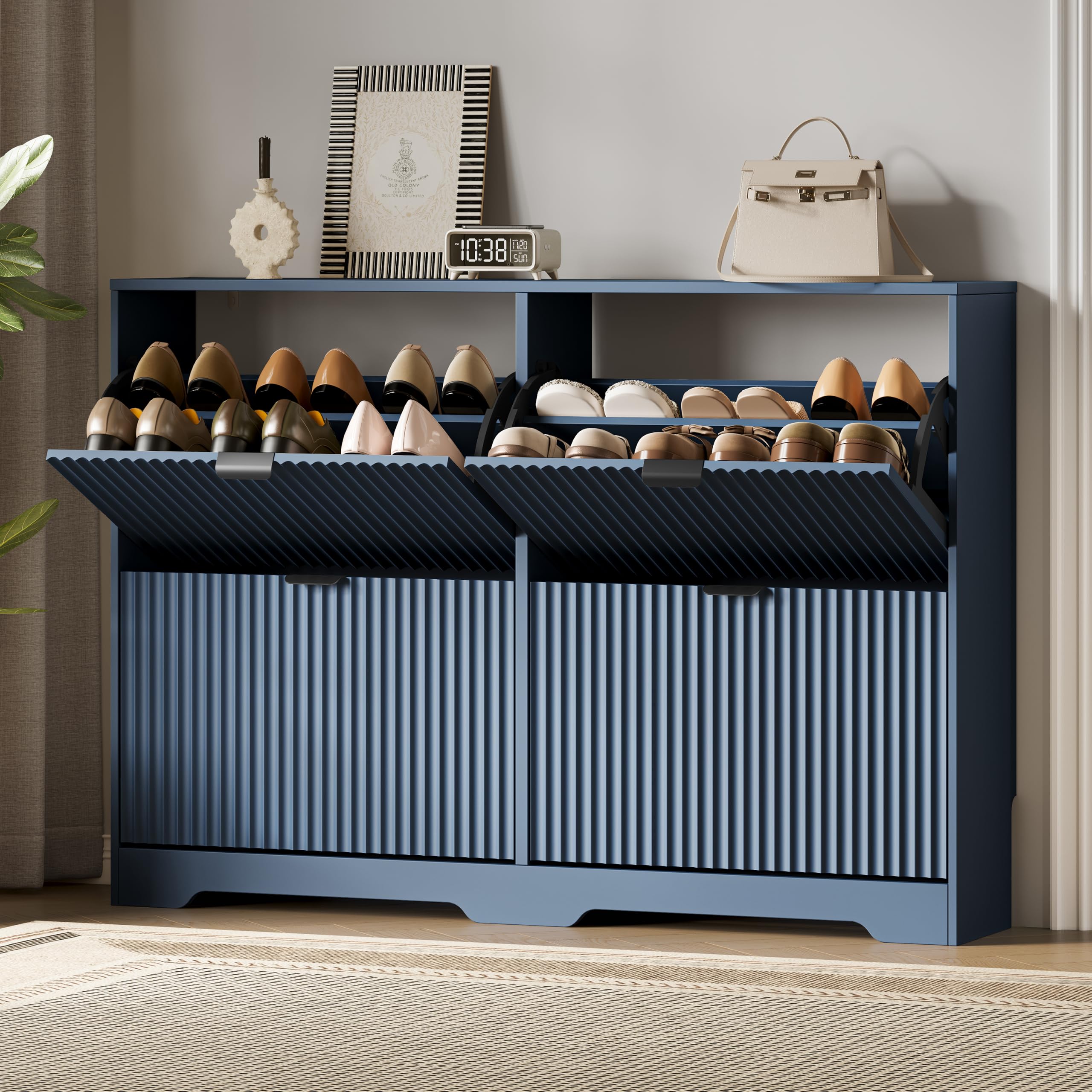 Xixini Shoe Storage Cabinet for Entryway with 4 Flip Drawers, Hidden Slim Wood Shoe Organizer with Modern Fluted Panel, Freestanding Narrow Shoe Rack for Front Door Entrance, Hallway, Foyer, Blue
